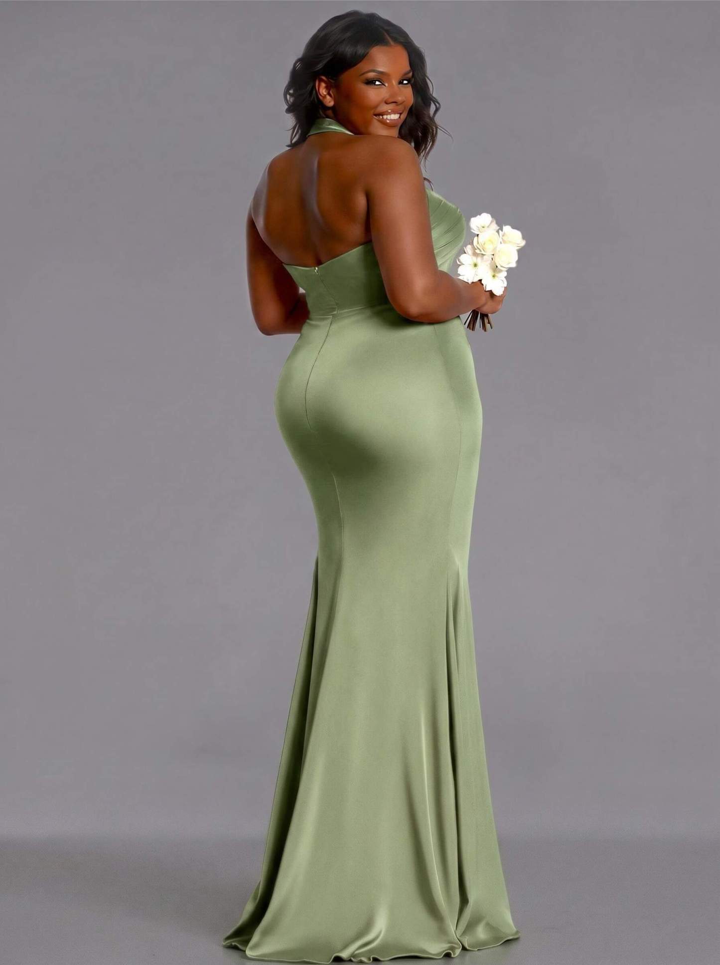 Trumpet/Mermaid Halter Floor-Length Silk Like Satin Bridesmaid Dresses With High Split, product image 118