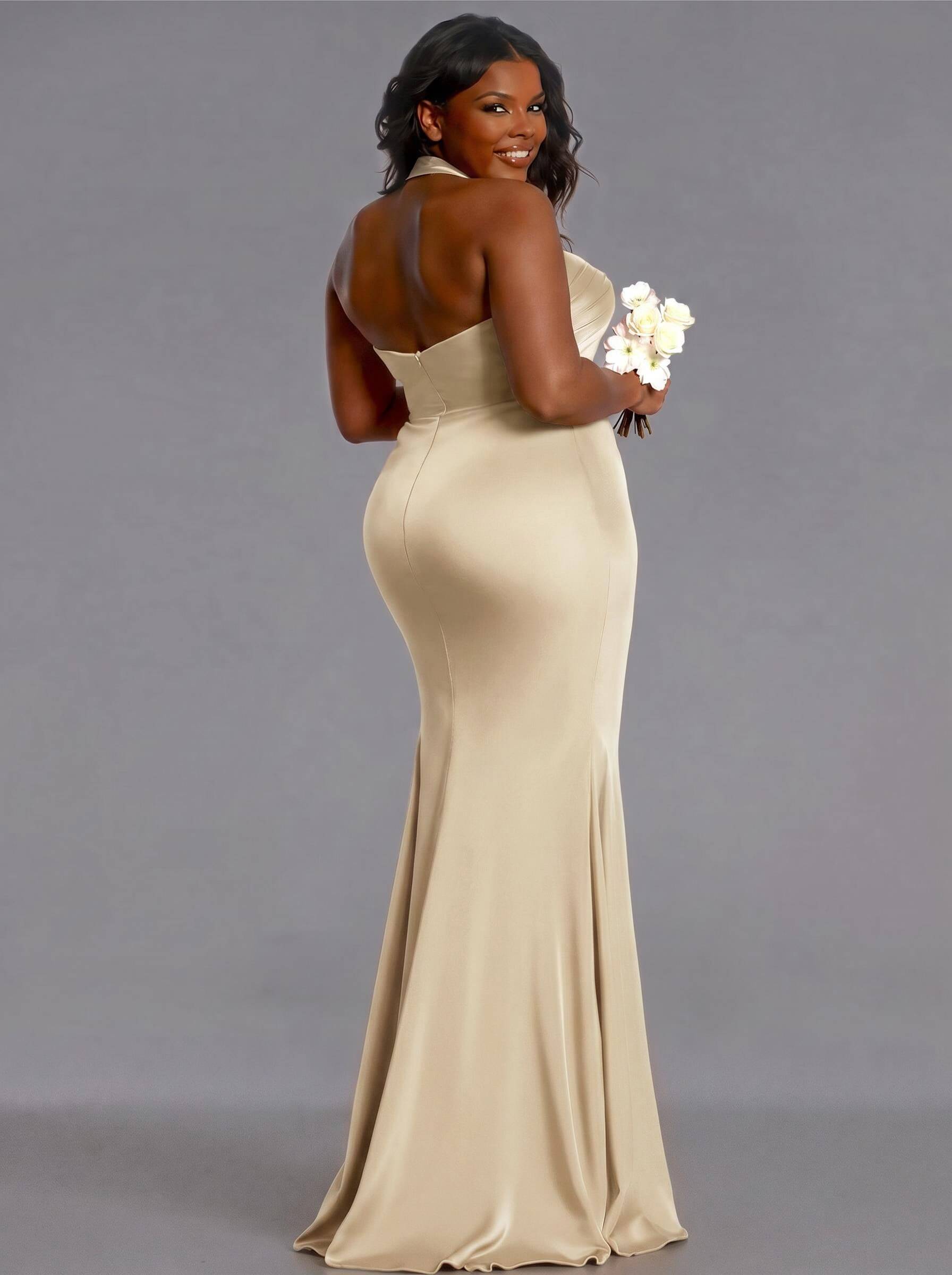 Trumpet/Mermaid Halter Floor-Length Silk Like Satin Bridesmaid Dresses With High Split, product image 128