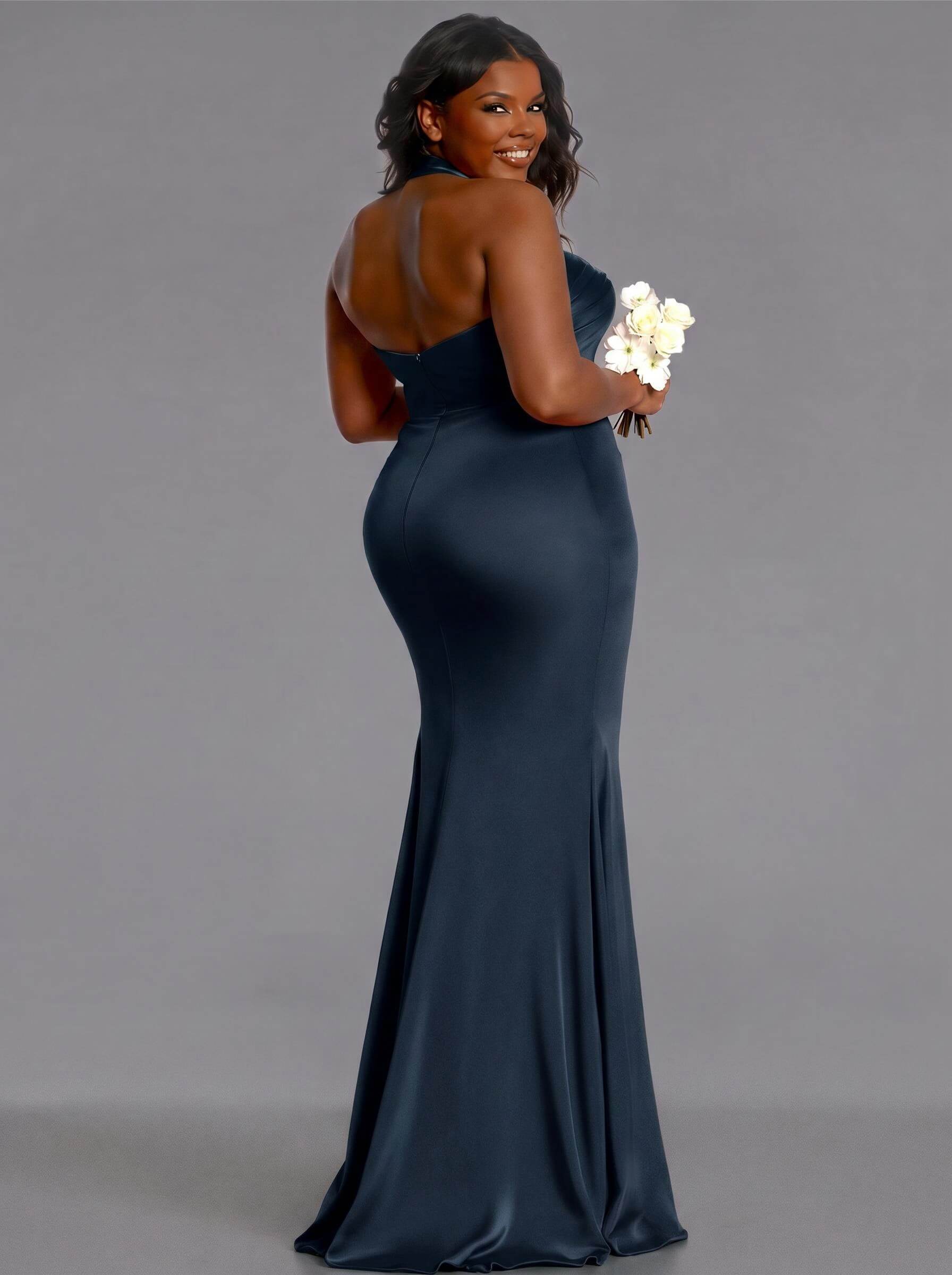 Trumpet/Mermaid Halter Floor-Length Silk Like Satin Bridesmaid Dresses With High Split, product image 110