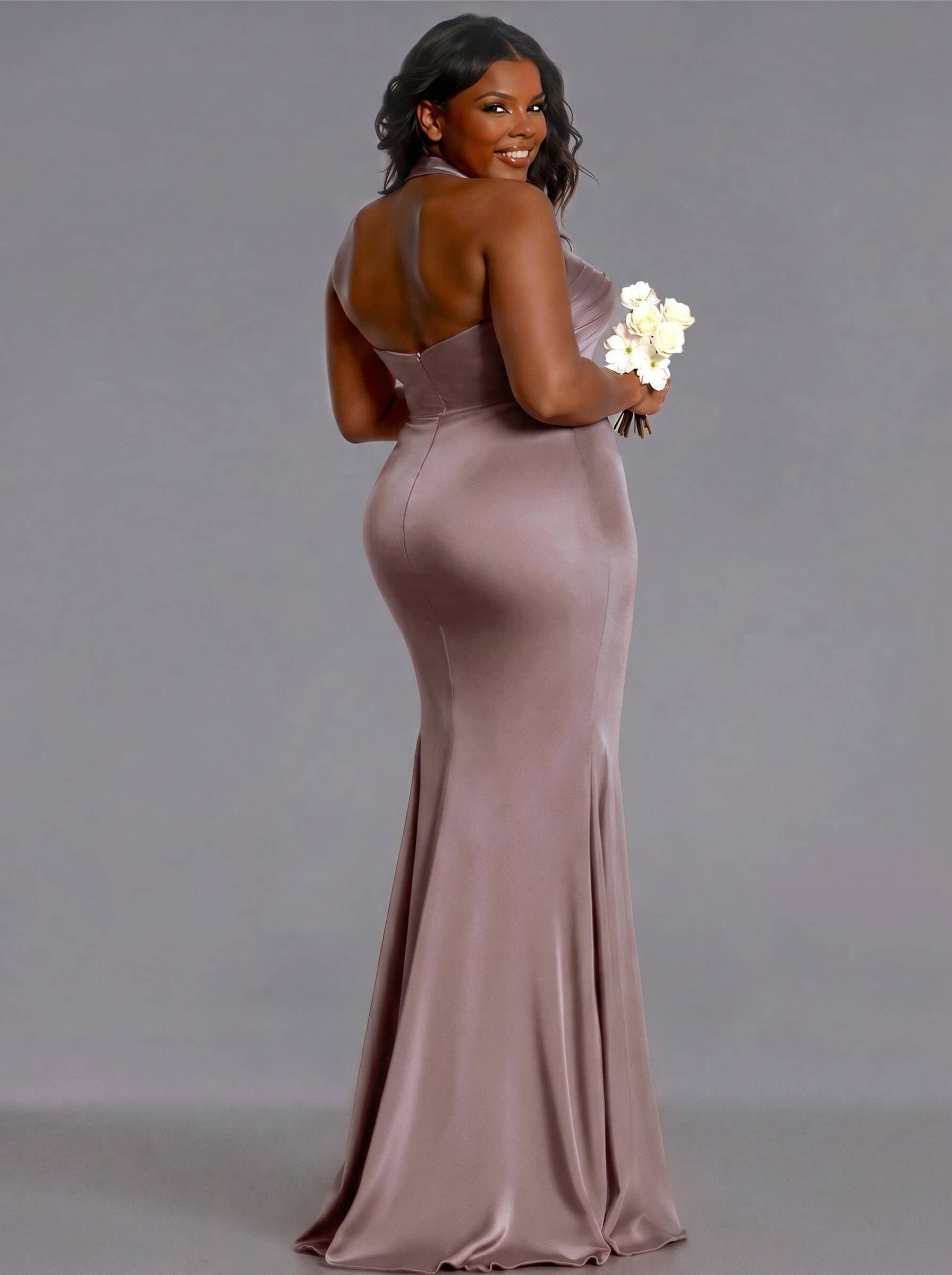Trumpet/Mermaid Halter Floor-Length Silk Like Satin Bridesmaid Dresses With High Split, product image 136