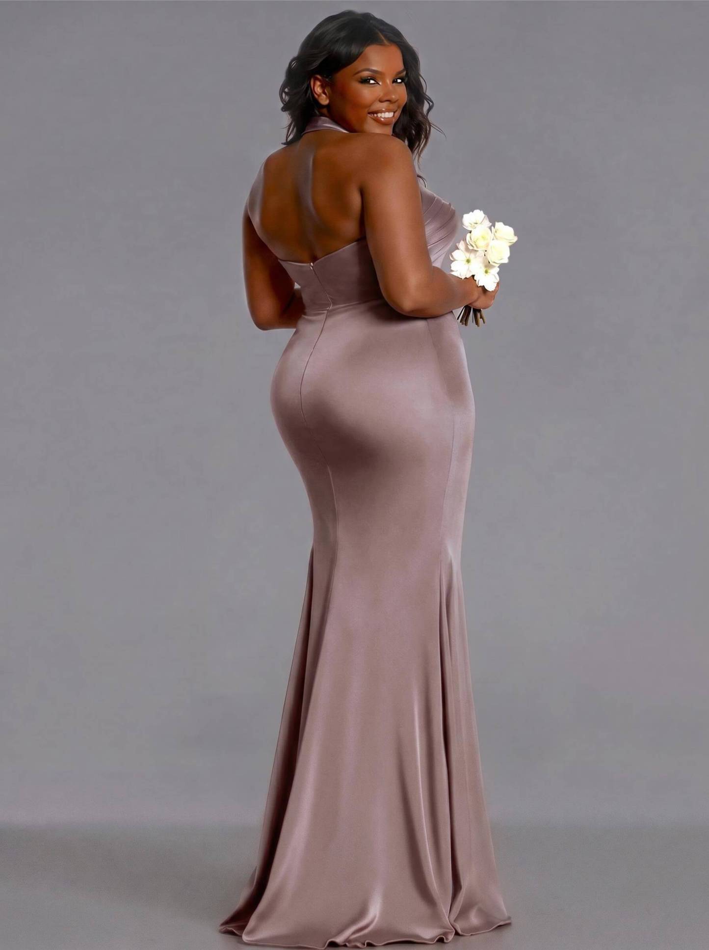 Trumpet/Mermaid Halter Floor-Length Silk Like Satin Bridesmaid Dresses With High Split, product image 136