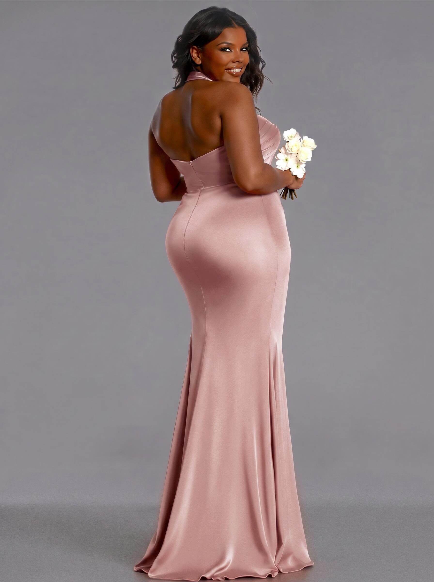 Trumpet/Mermaid Halter Floor-Length Silk Like Satin Bridesmaid Dresses With High Split, product image 108