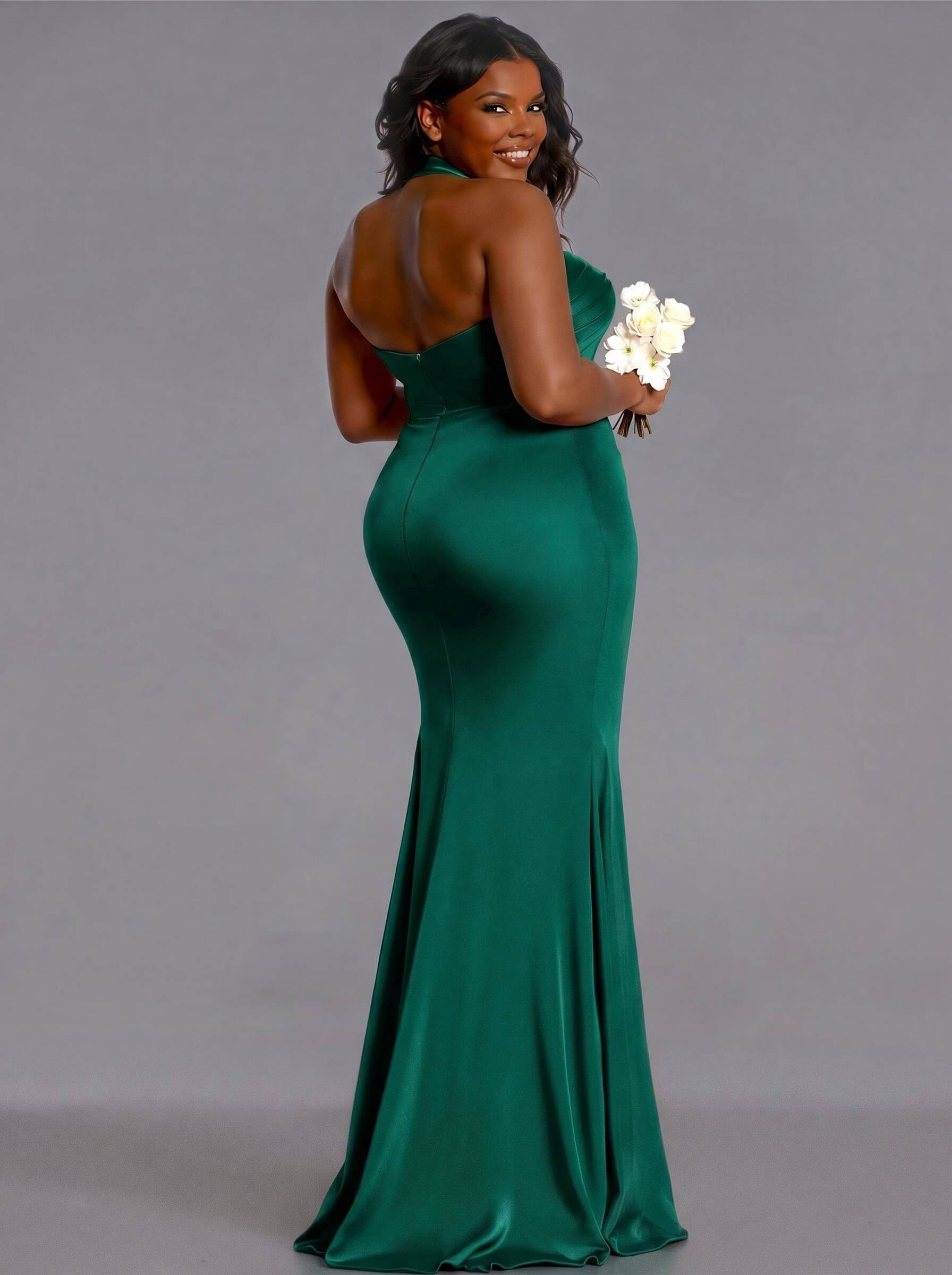 Trumpet/Mermaid Halter Floor-Length Silk Like Satin Bridesmaid Dresses With High Split, product image 200