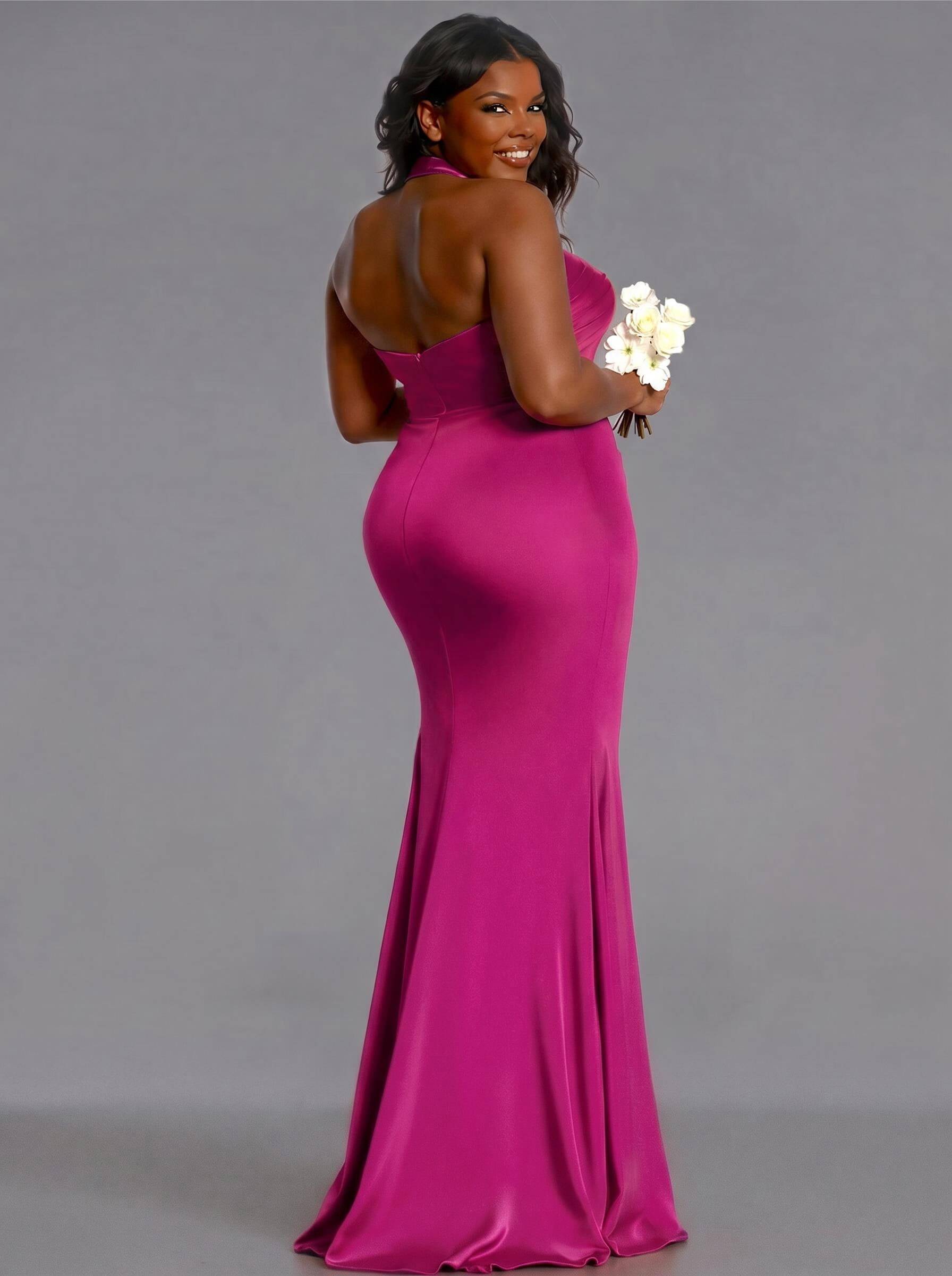Trumpet/Mermaid Halter Floor-Length Silk Like Satin Bridesmaid Dresses With High Split, product image 168