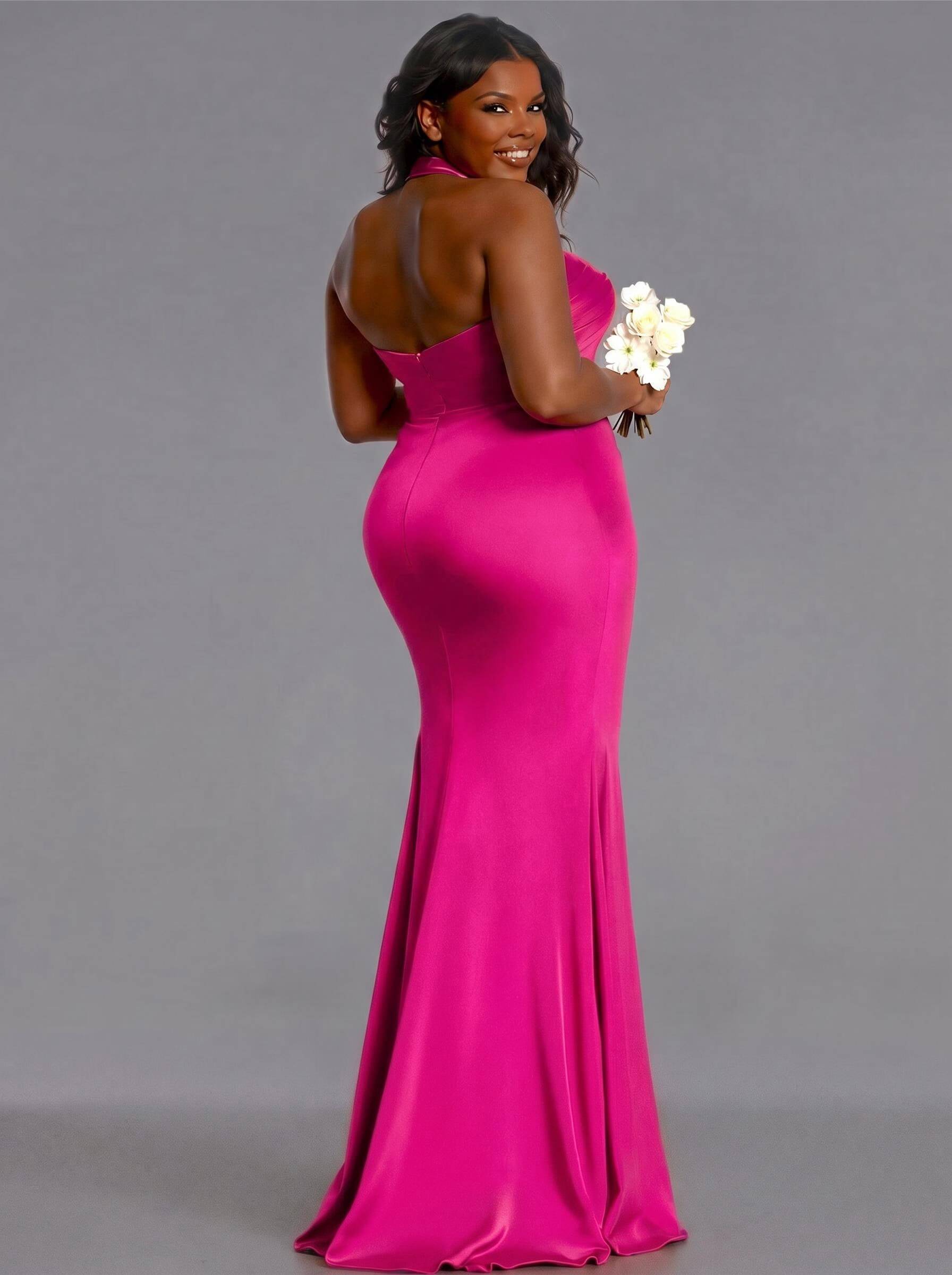 Trumpet/Mermaid Halter Floor-Length Silk Like Satin Bridesmaid Dresses With High Split, product image 192