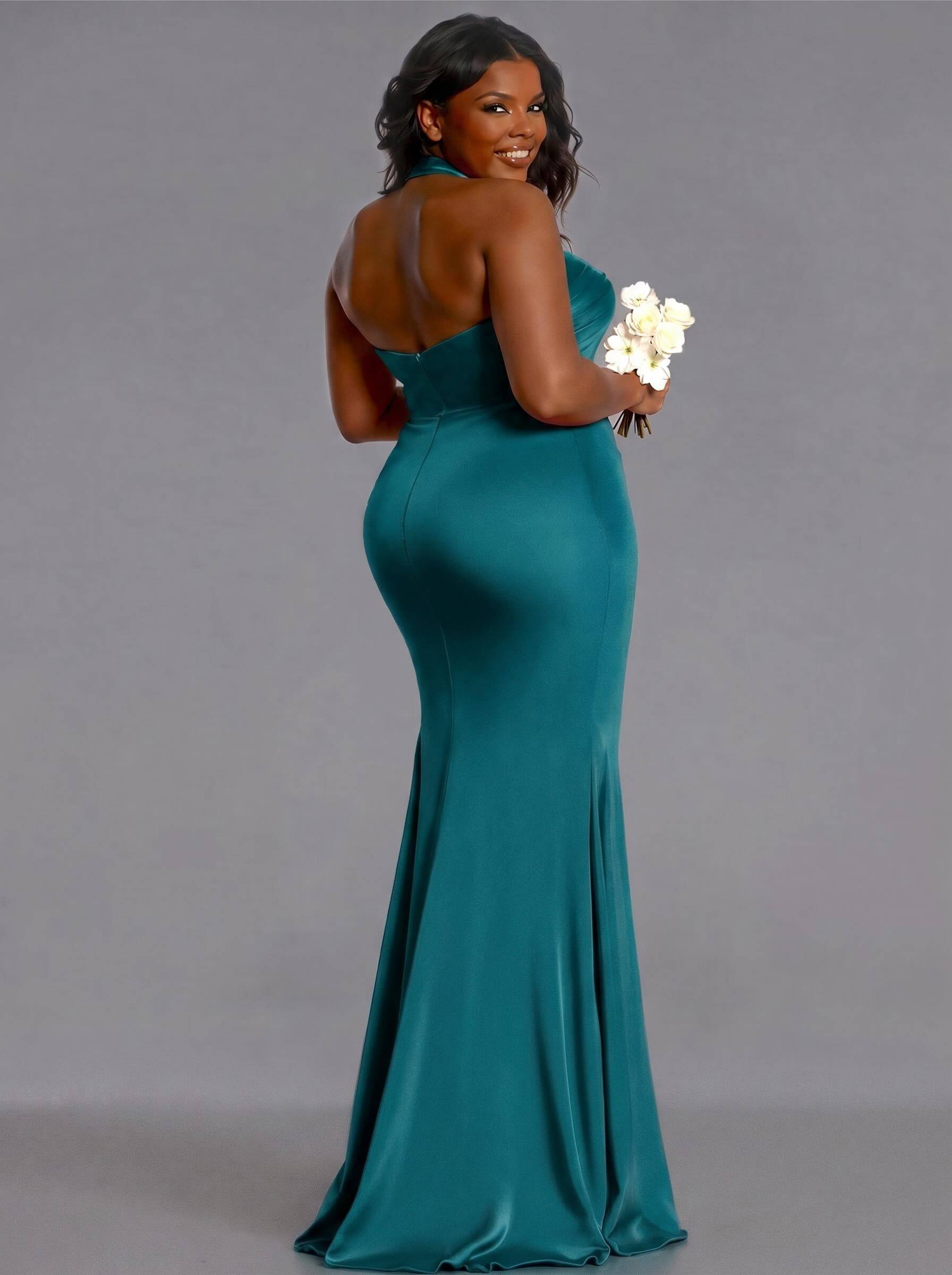 Trumpet/Mermaid Halter Floor-Length Silk Like Satin Bridesmaid Dresses With High Split, product image 150