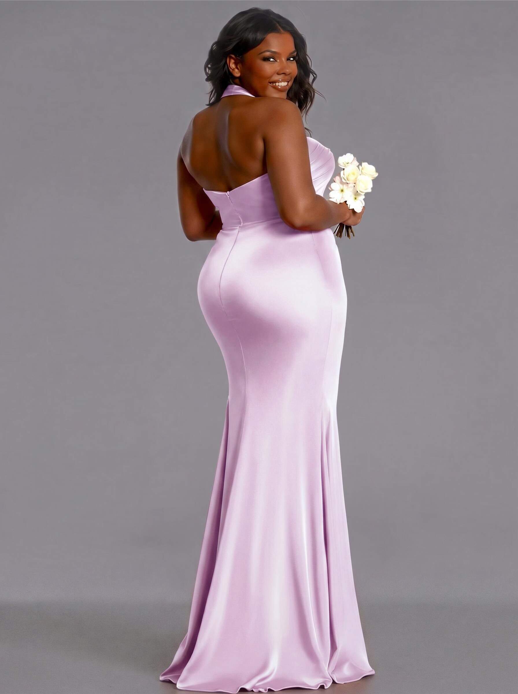 Trumpet/Mermaid Halter Floor-Length Silk Like Satin Bridesmaid Dresses With High Split, product image 134