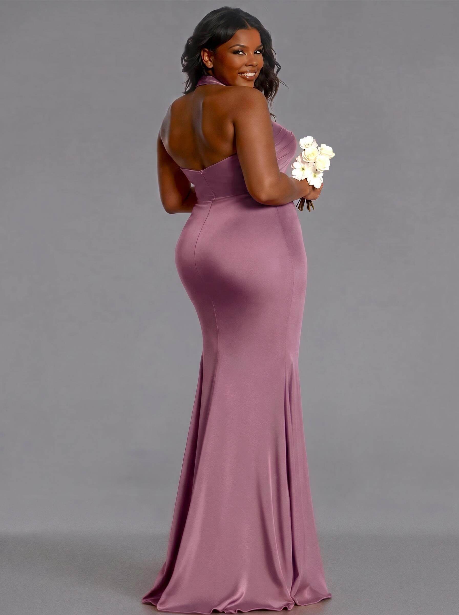 Trumpet/Mermaid Halter Floor-Length Silk Like Satin Bridesmaid Dresses With High Split, product image 166