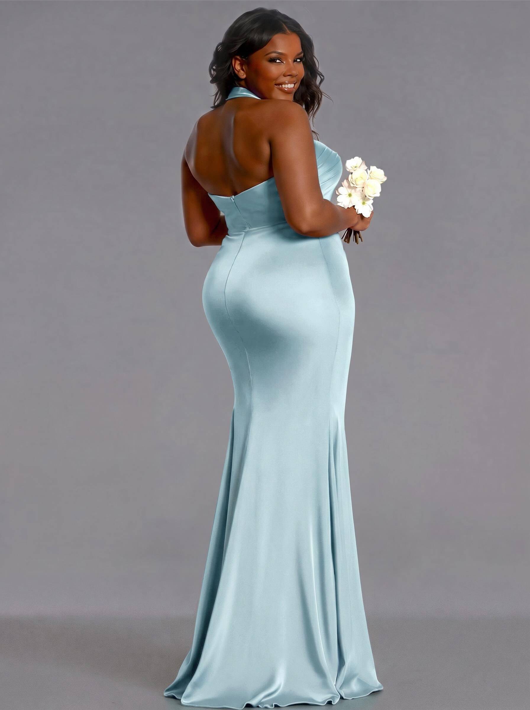 Trumpet/Mermaid Halter Floor-Length Silk Like Satin Bridesmaid Dresses With High Split, product image 178