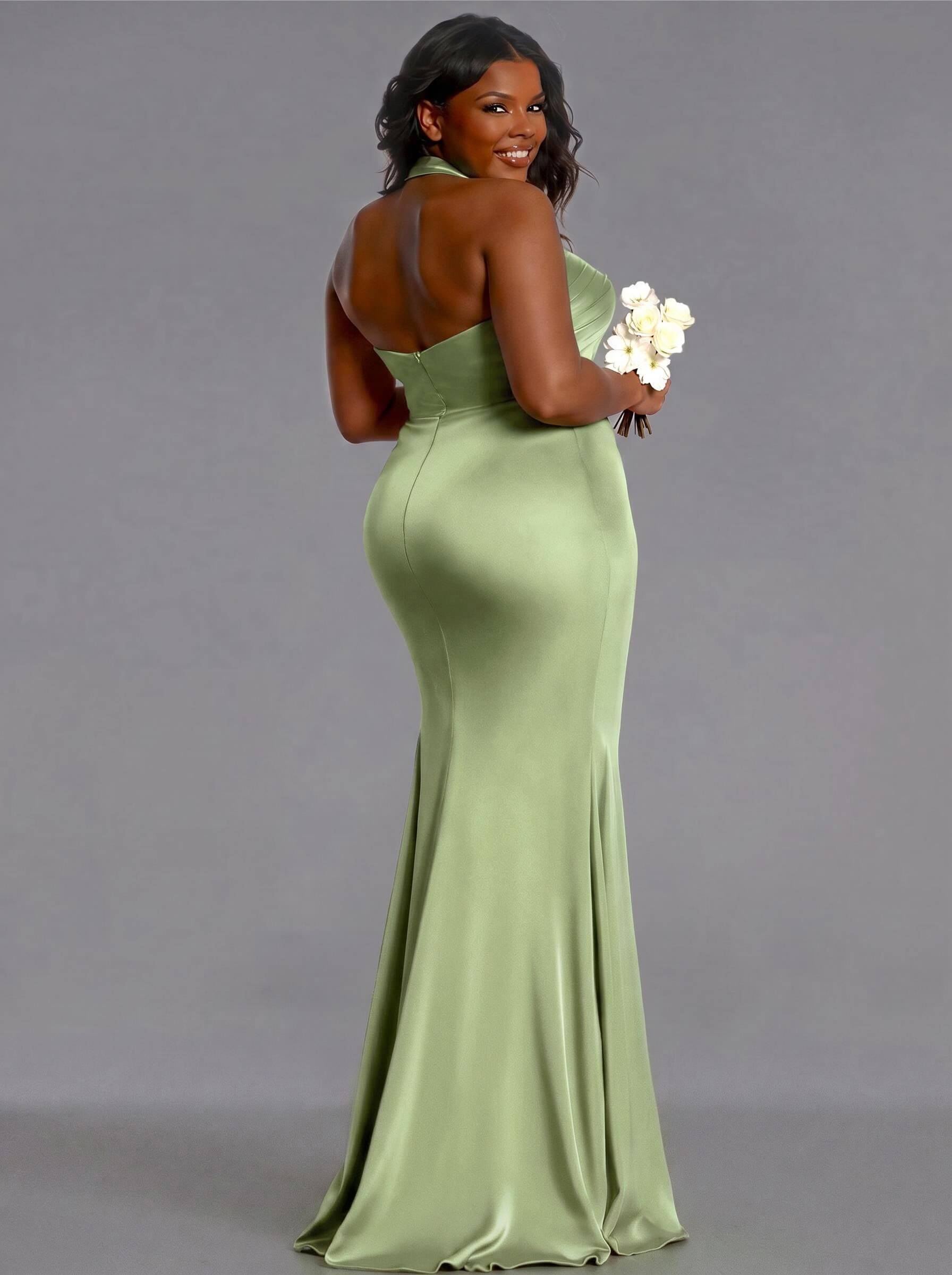Trumpet/Mermaid Halter Floor-Length Silk Like Satin Bridesmaid Dresses With High Split, product image 202