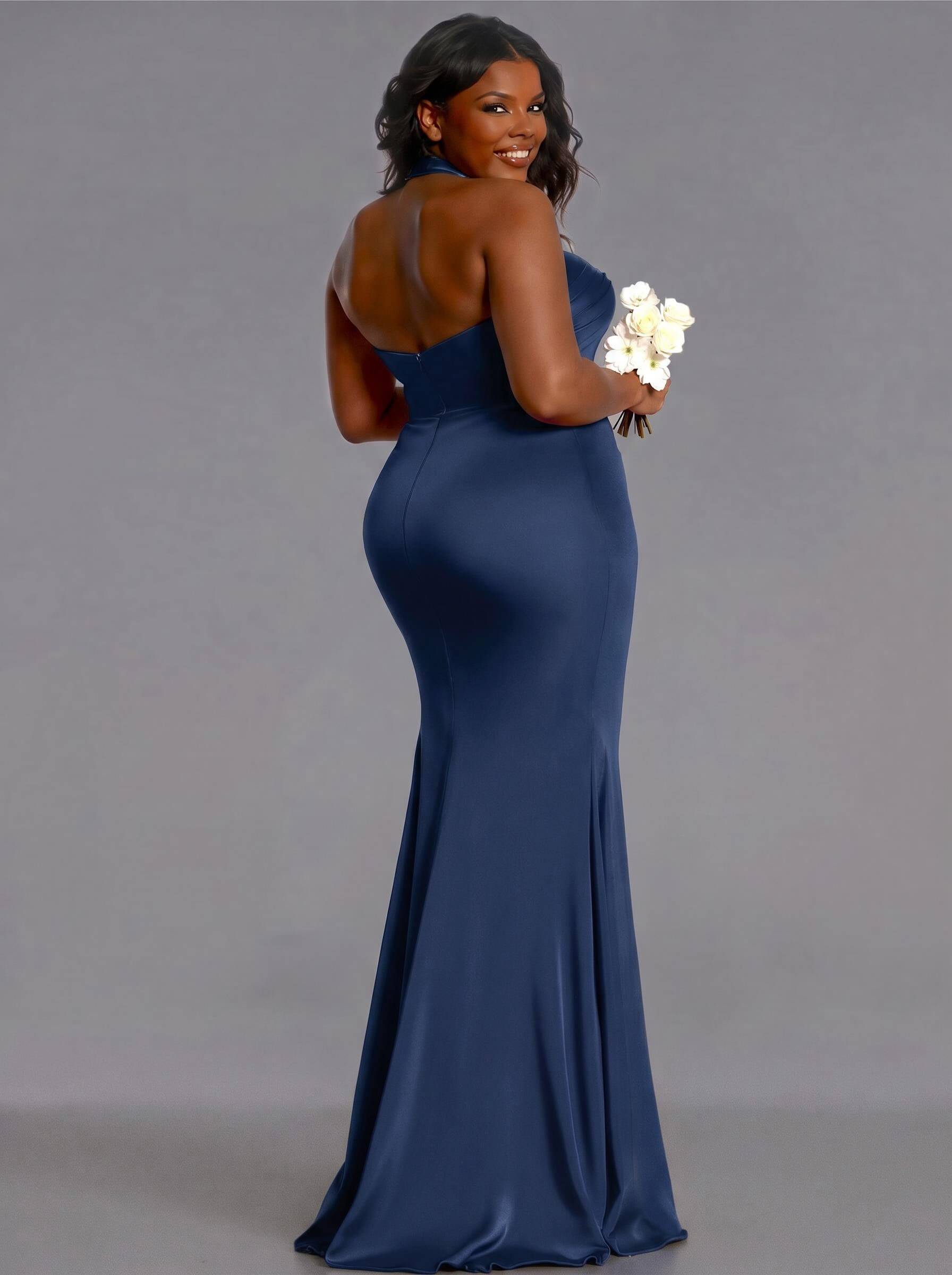 Trumpet/Mermaid Halter Floor-Length Silk Like Satin Bridesmaid Dresses With High Split, product image 154