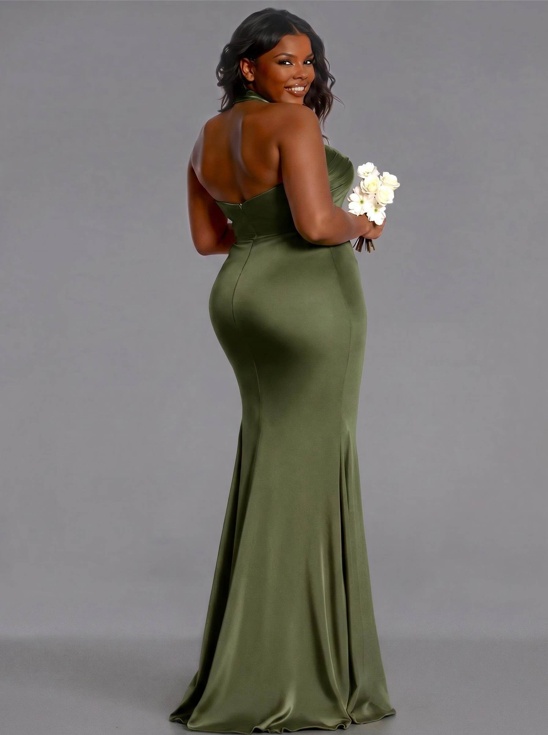 Trumpet/Mermaid Halter Floor-Length Silk Like Satin Bridesmaid Dresses With High Split, product image 194