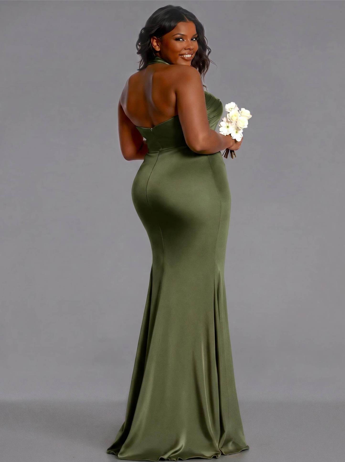 Trumpet/Mermaid Halter Floor-Length Silk Like Satin Bridesmaid Dresses With High Split, product image 194