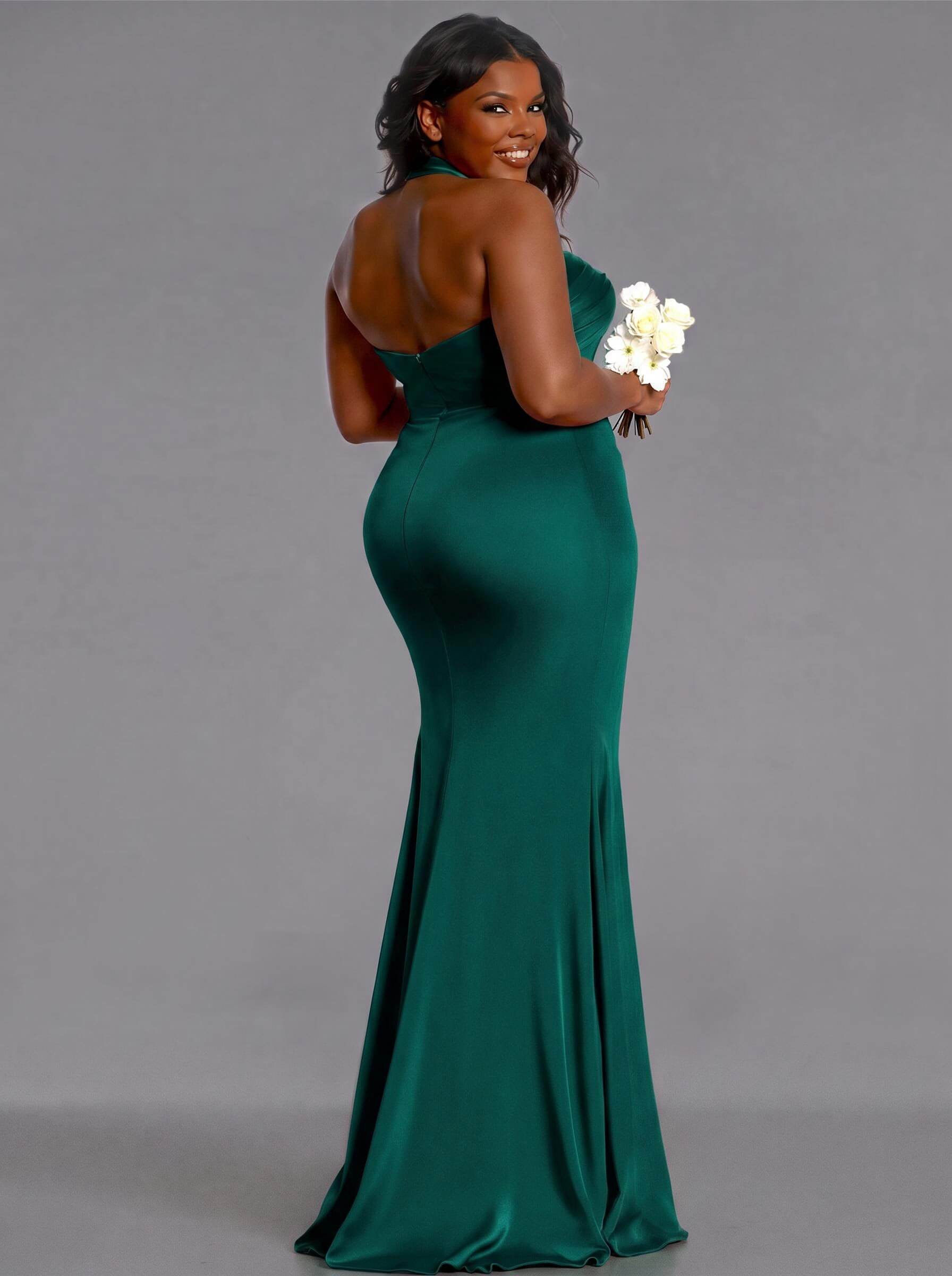 Trumpet/Mermaid Halter Floor-Length Silk Like Satin Bridesmaid Dresses With High Split, product image 148