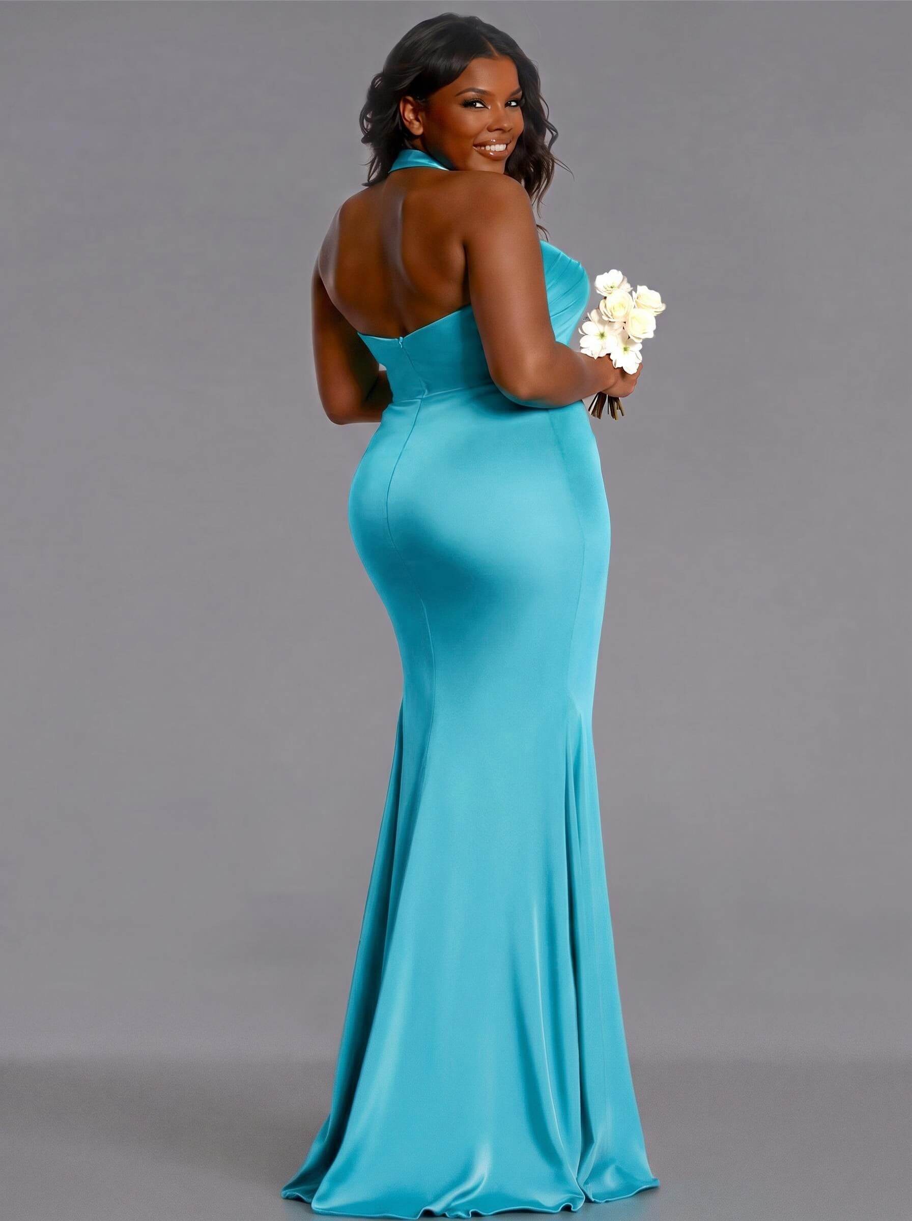 Trumpet/Mermaid Halter Floor-Length Silk Like Satin Bridesmaid Dresses With High Split, product image 181