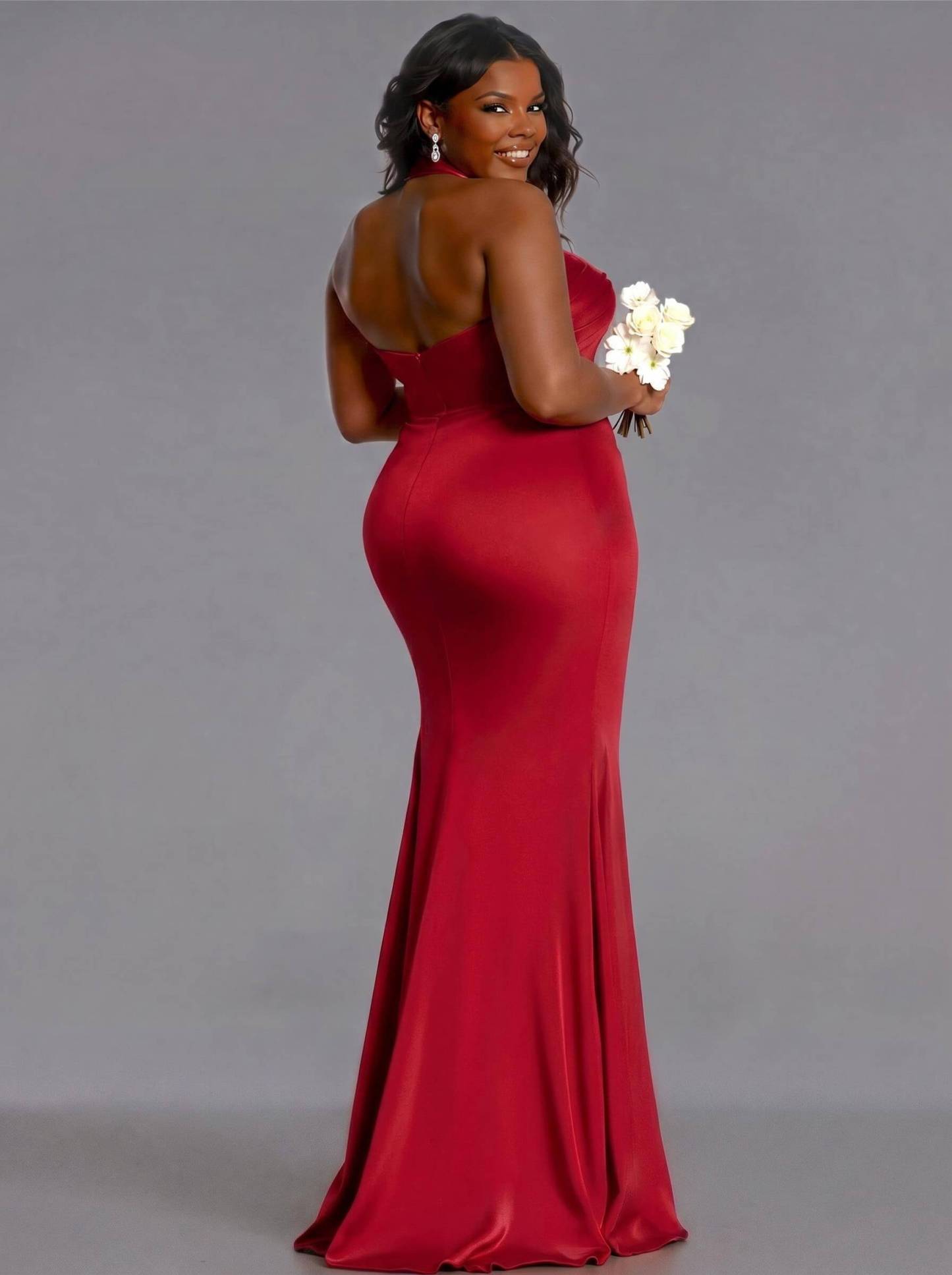 Trumpet/Mermaid Halter Floor-Length Silk Like Satin Bridesmaid Dresses With High Split, product image 152