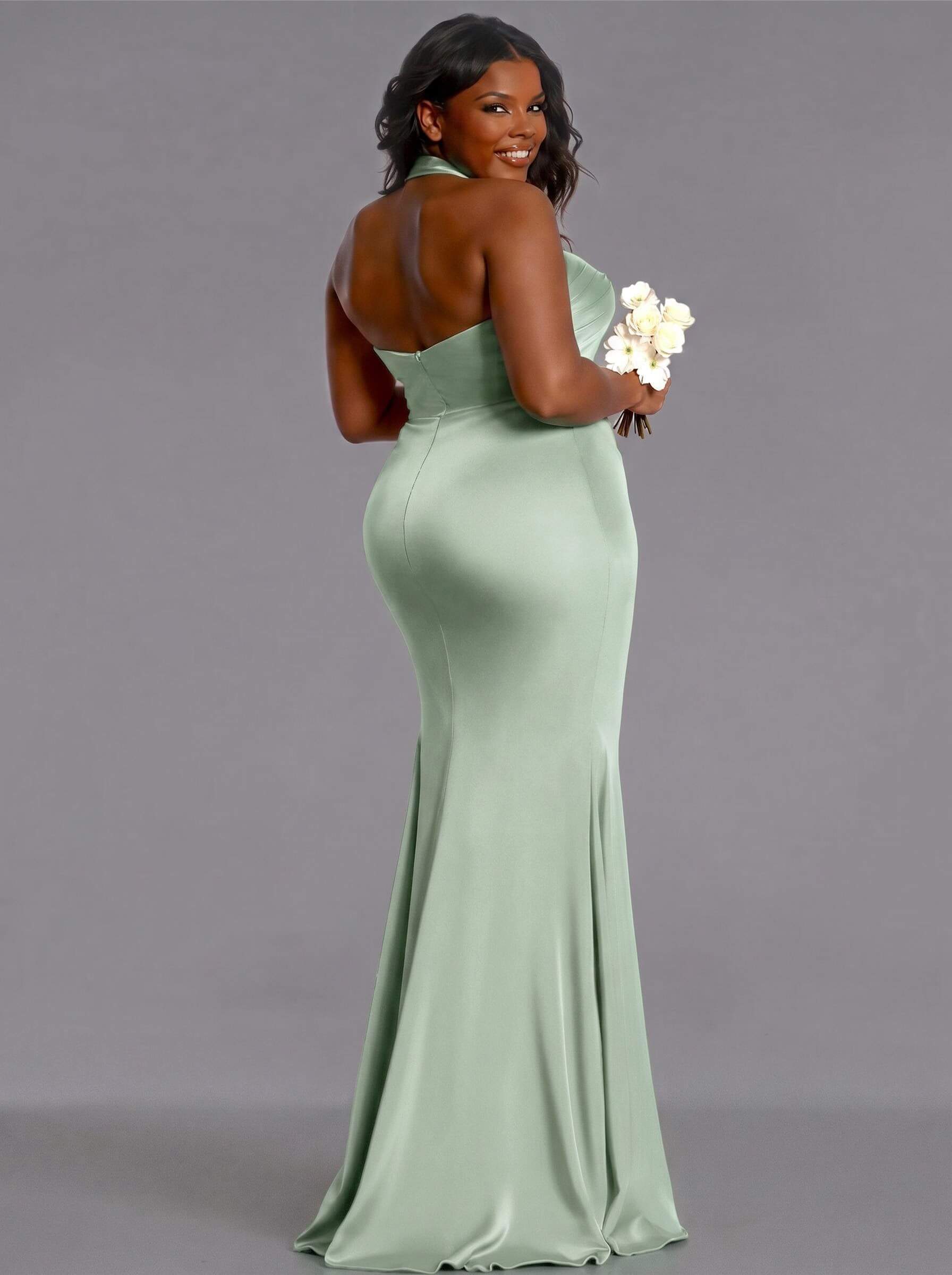 Trumpet/Mermaid Halter Floor-Length Silk Like Satin Bridesmaid Dresses With High Split, product image 186