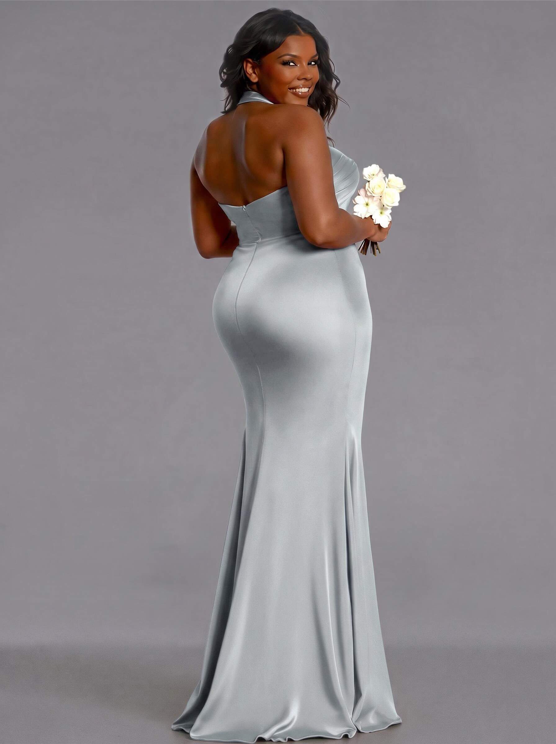 Trumpet/Mermaid Halter Floor-Length Silk Like Satin Bridesmaid Dresses With High Split, product image 130