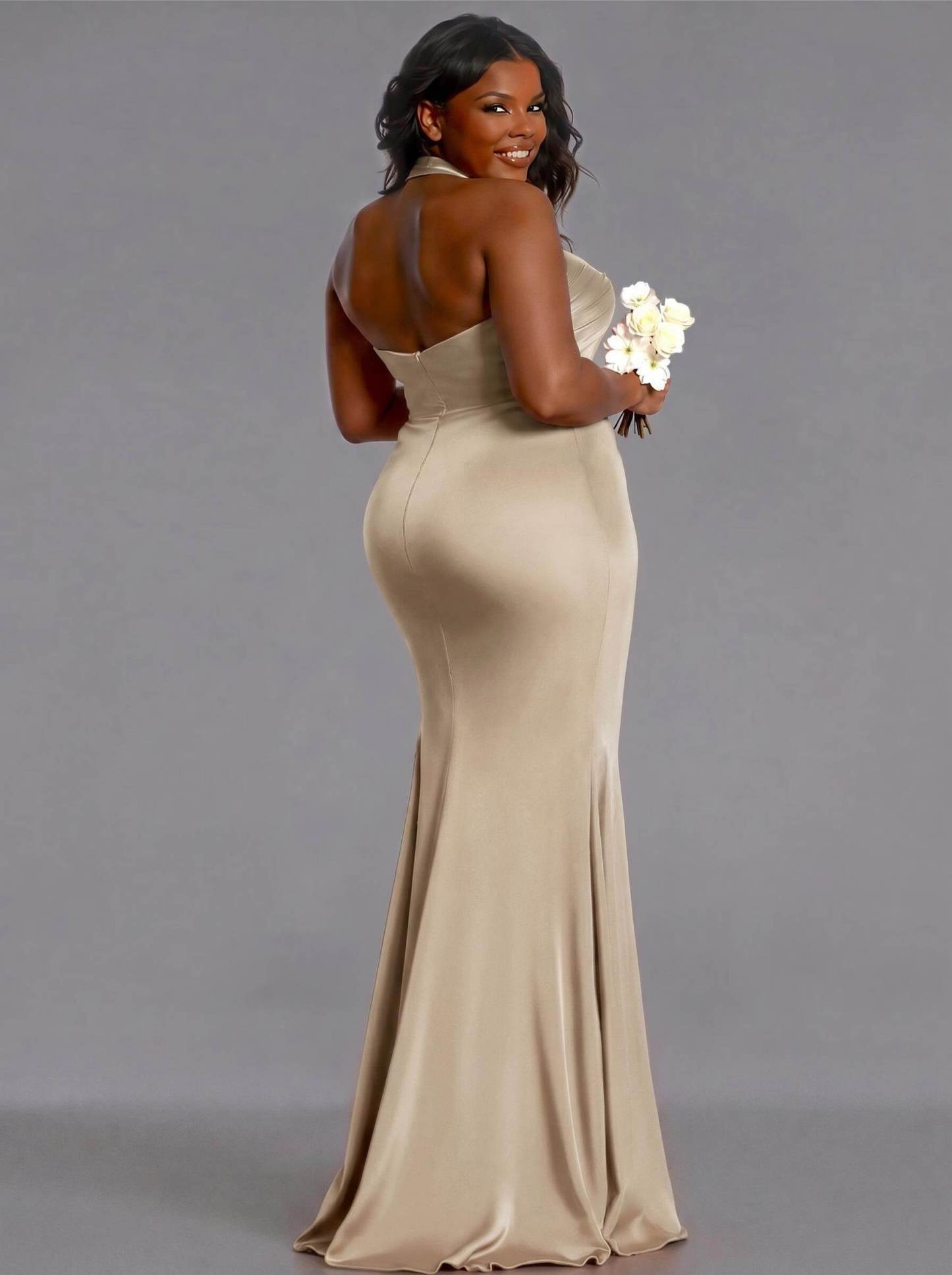 Trumpet/Mermaid Halter Floor-Length Silk Like Satin Bridesmaid Dresses With High Split, product image 162