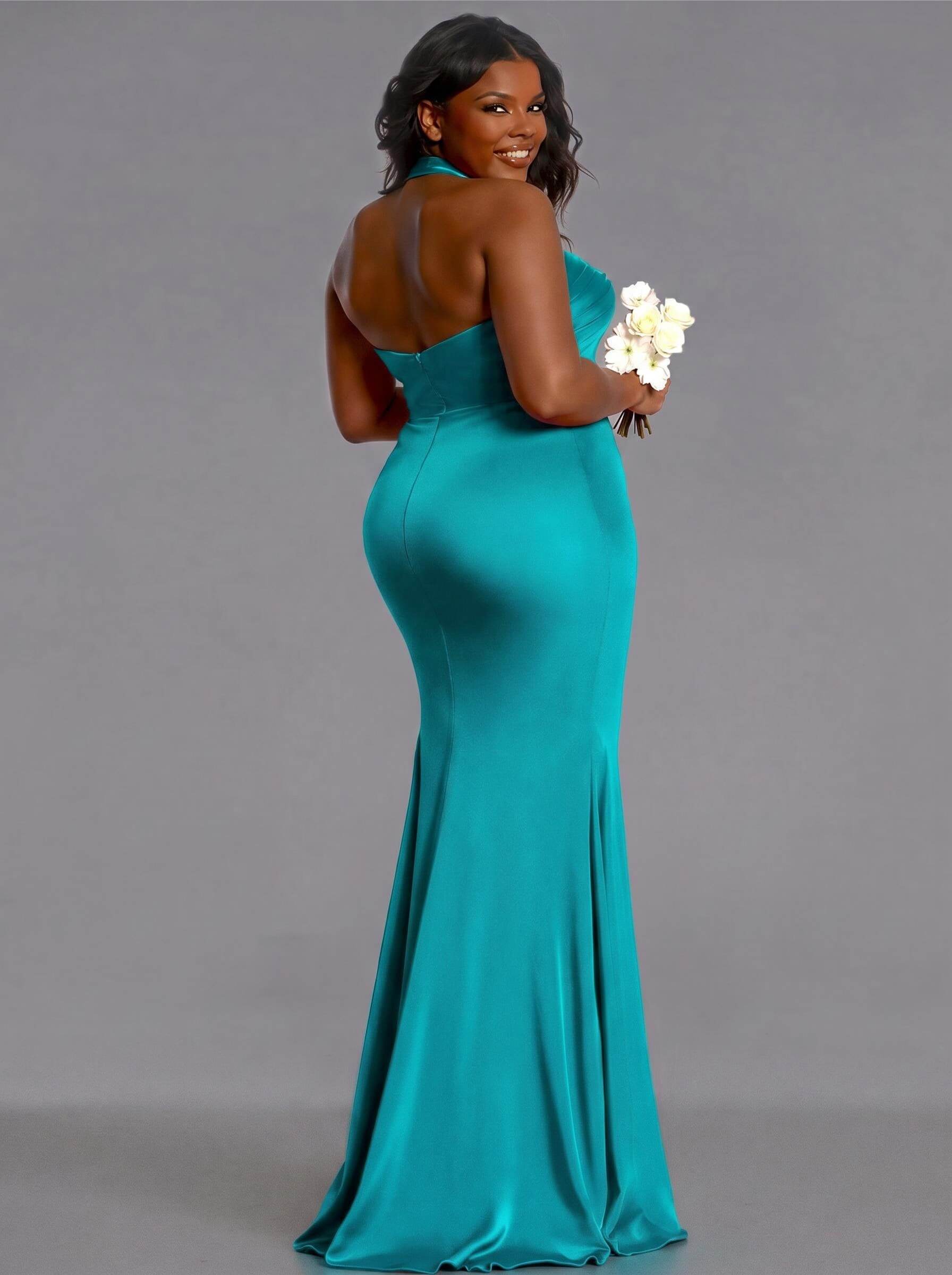 Trumpet/Mermaid Halter Floor-Length Silk Like Satin Bridesmaid Dresses With High Split, product image 204
