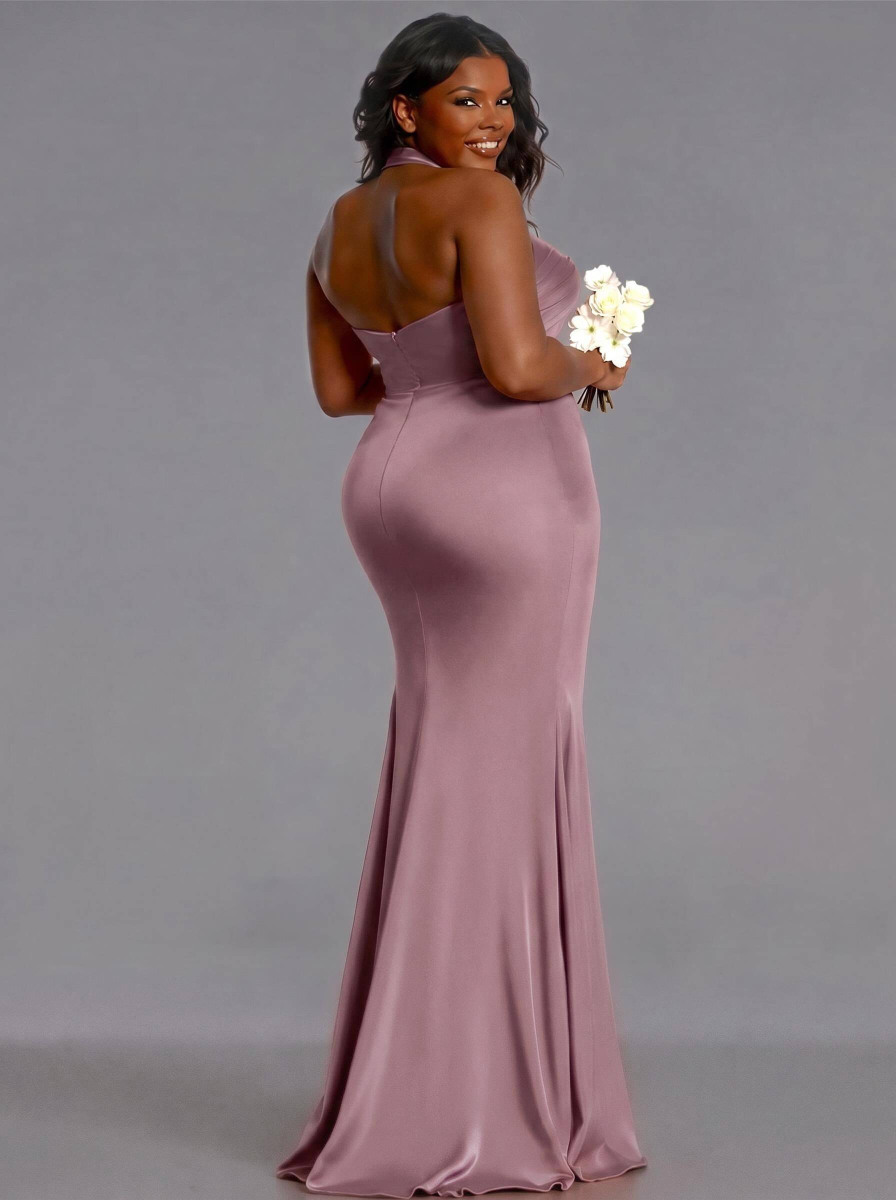 Trumpet/Mermaid Halter Floor-Length Silk Like Satin Bridesmaid Dresses With High Split, product image 142