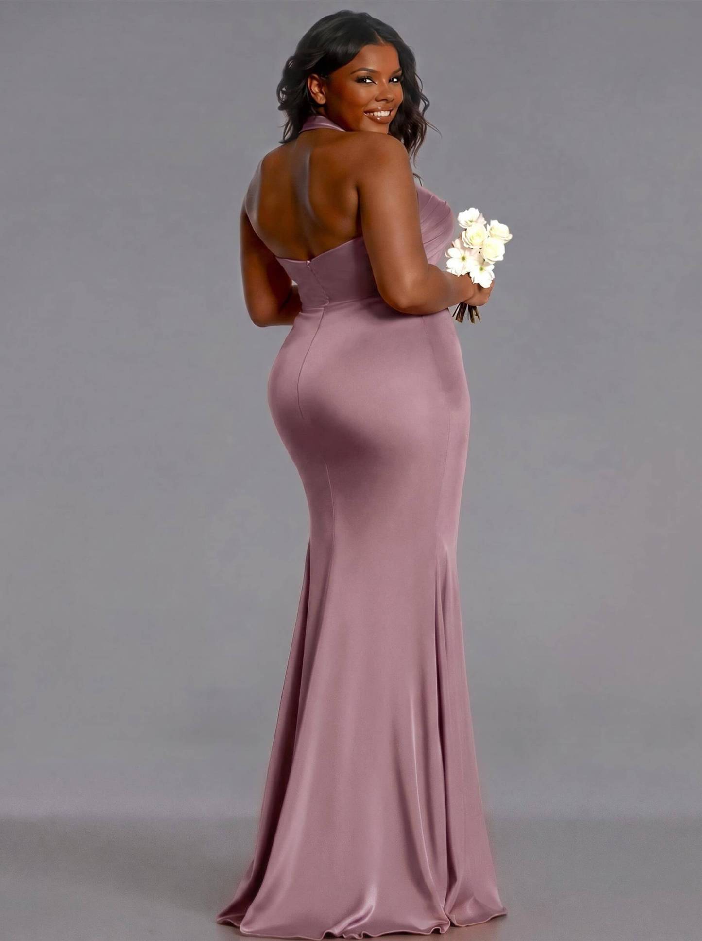 Trumpet/Mermaid Halter Floor-Length Silk Like Satin Bridesmaid Dresses With High Split, product image 142