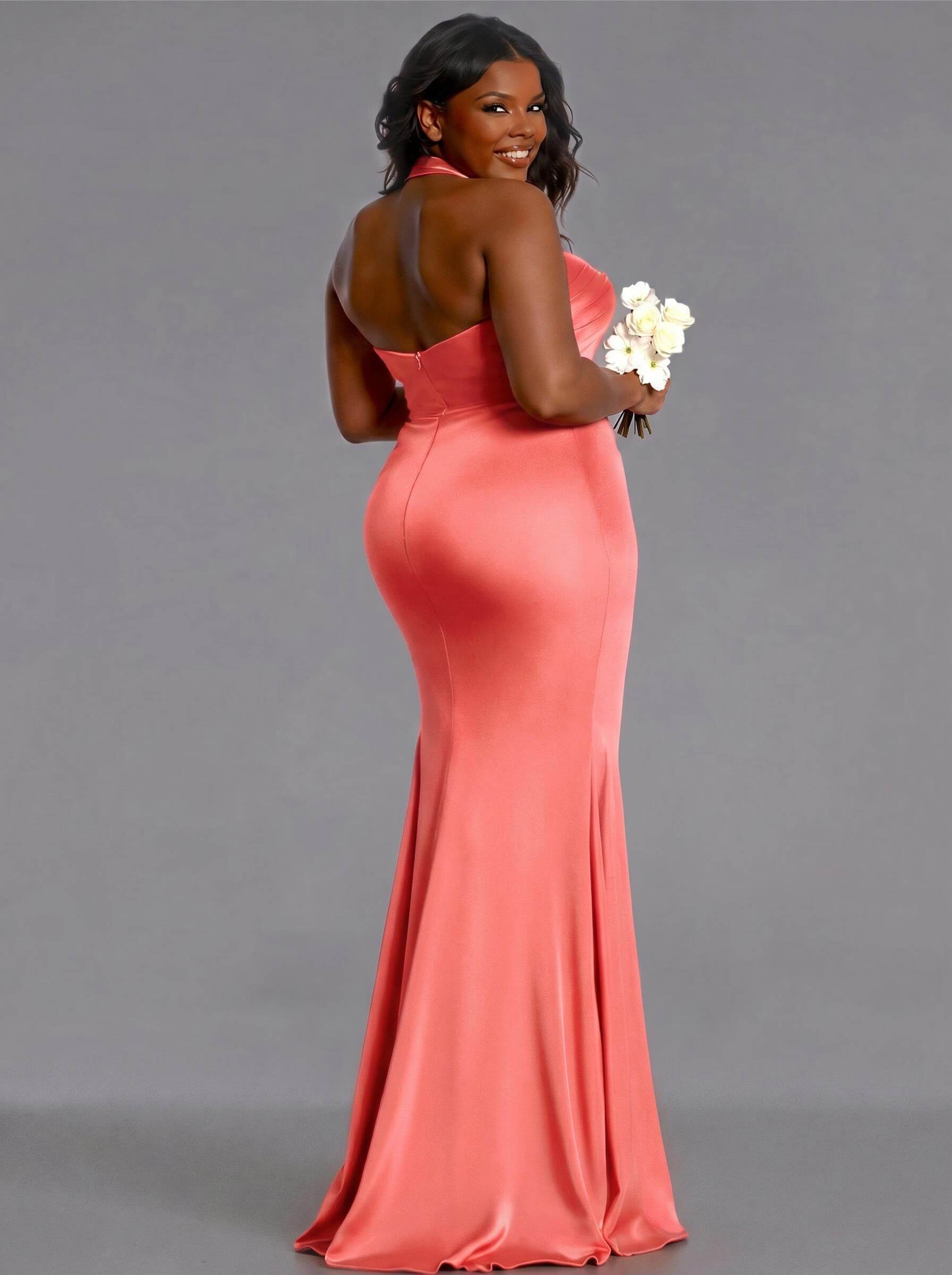 Trumpet/Mermaid Halter Floor-Length Silk Like Satin Bridesmaid Dresses With High Split, product image 180