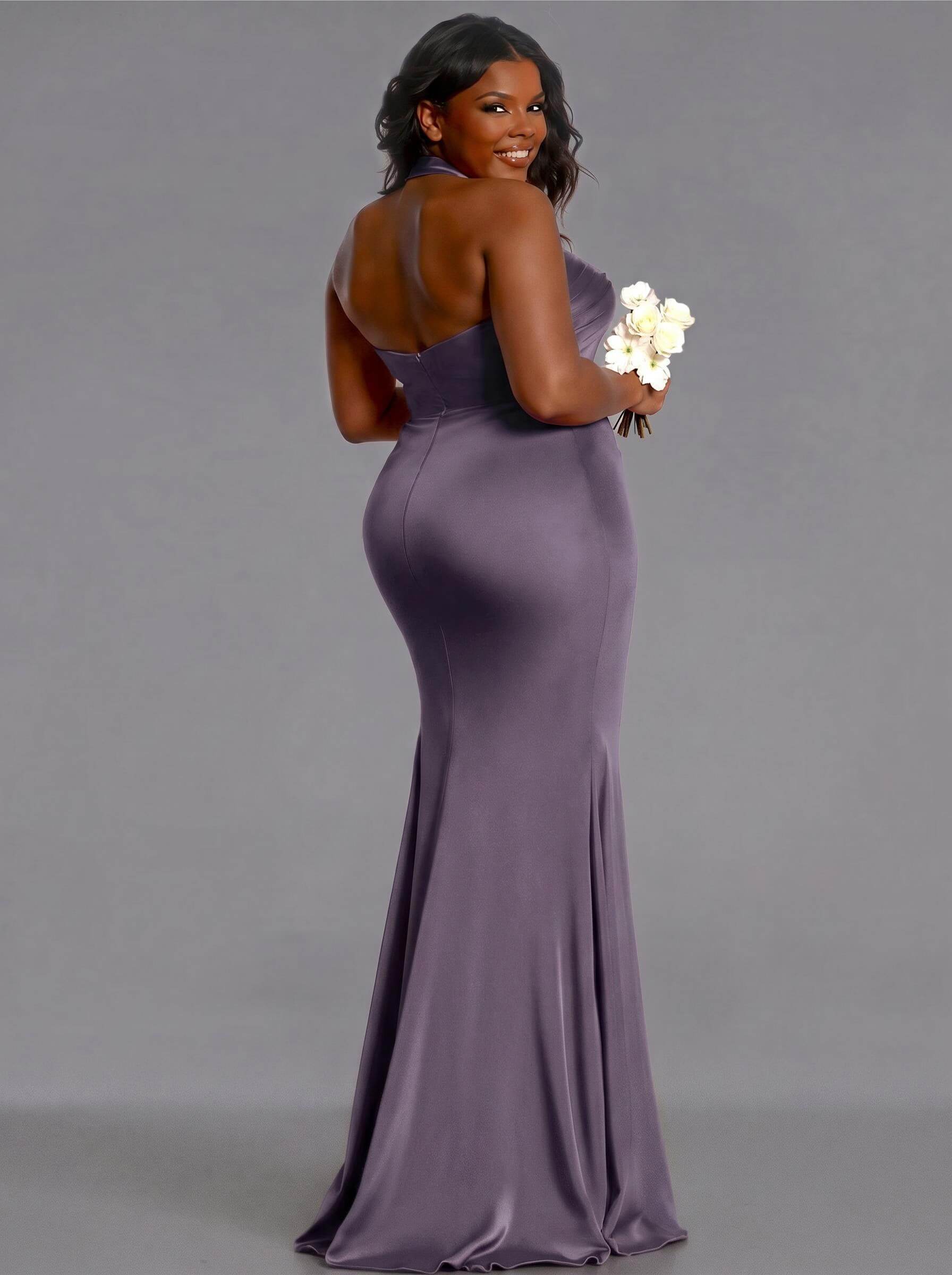 Trumpet/Mermaid Halter Floor-Length Silk Like Satin Bridesmaid Dresses With High Split, product image 126