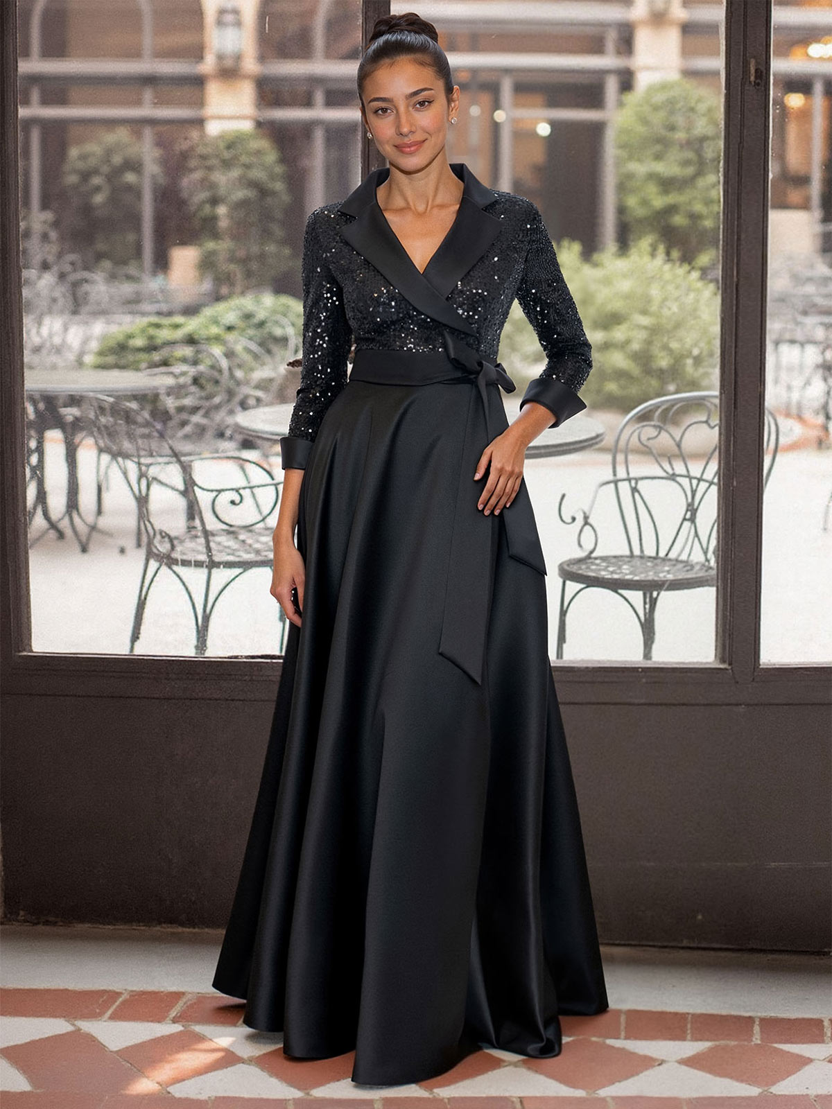 V-Neck 3/4 Sleeves A-Line Floor-Length Sequined/Matte Satin Mother Of The Bride Dresses With Bow(s)