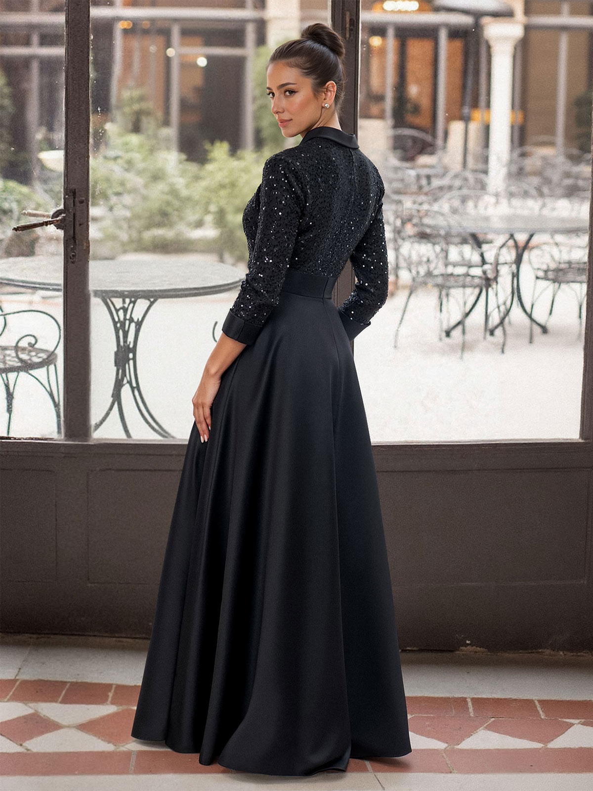 V-Neck 3/4 Sleeves A-Line Floor-Length Sequined/Matte Satin Mother Of The Bride Dresses With Bow(s)