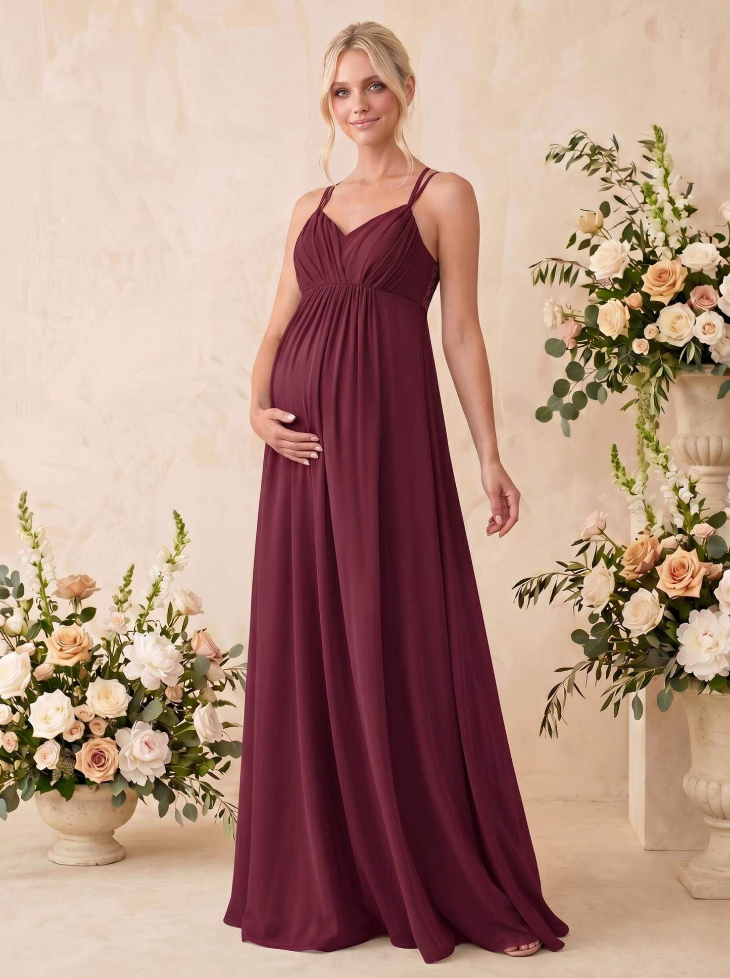 A-Line V-Neck Sleeveless Floor-Length Chiffon Maternity Bridesmaid Dresses With Appliques Lace, image 14