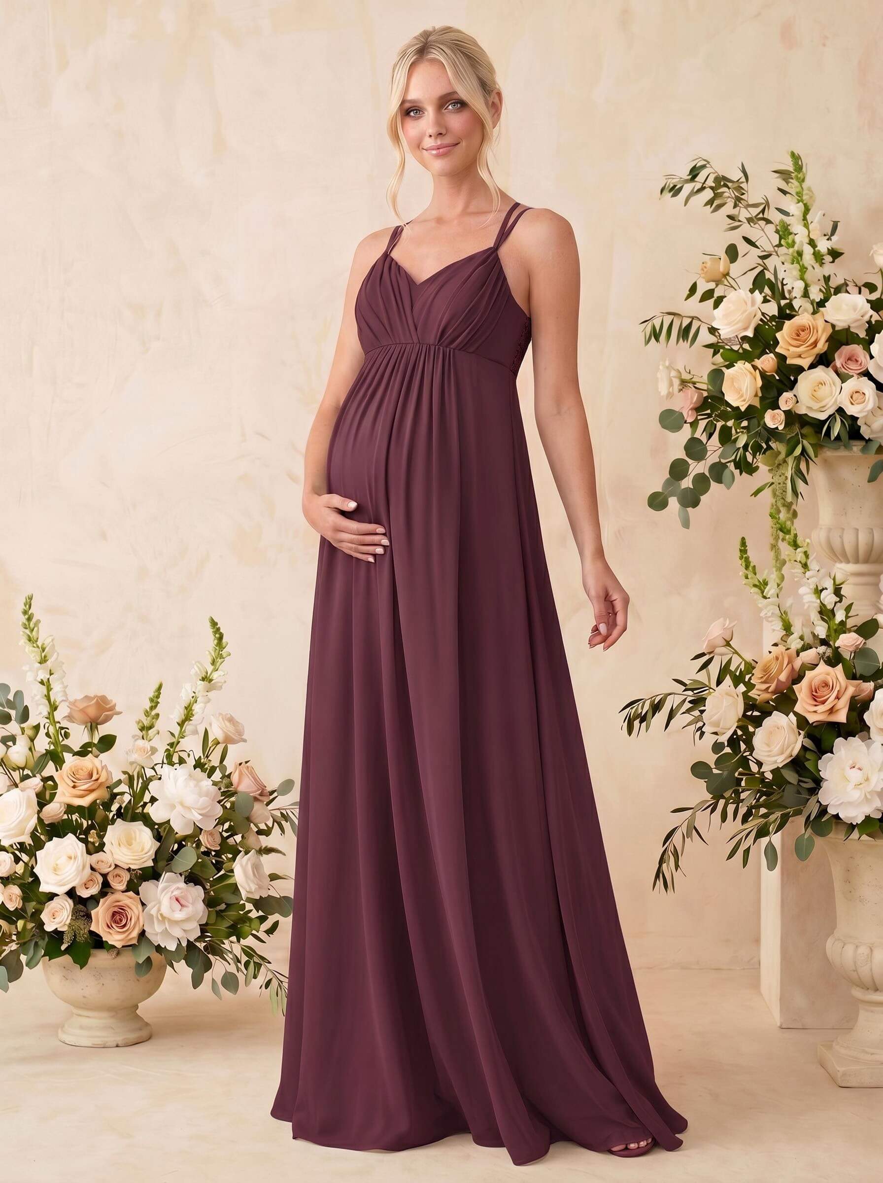A-Line V-Neck Sleeveless Floor-Length Chiffon Maternity Bridesmaid Dresses With Appliques Lace, image 13