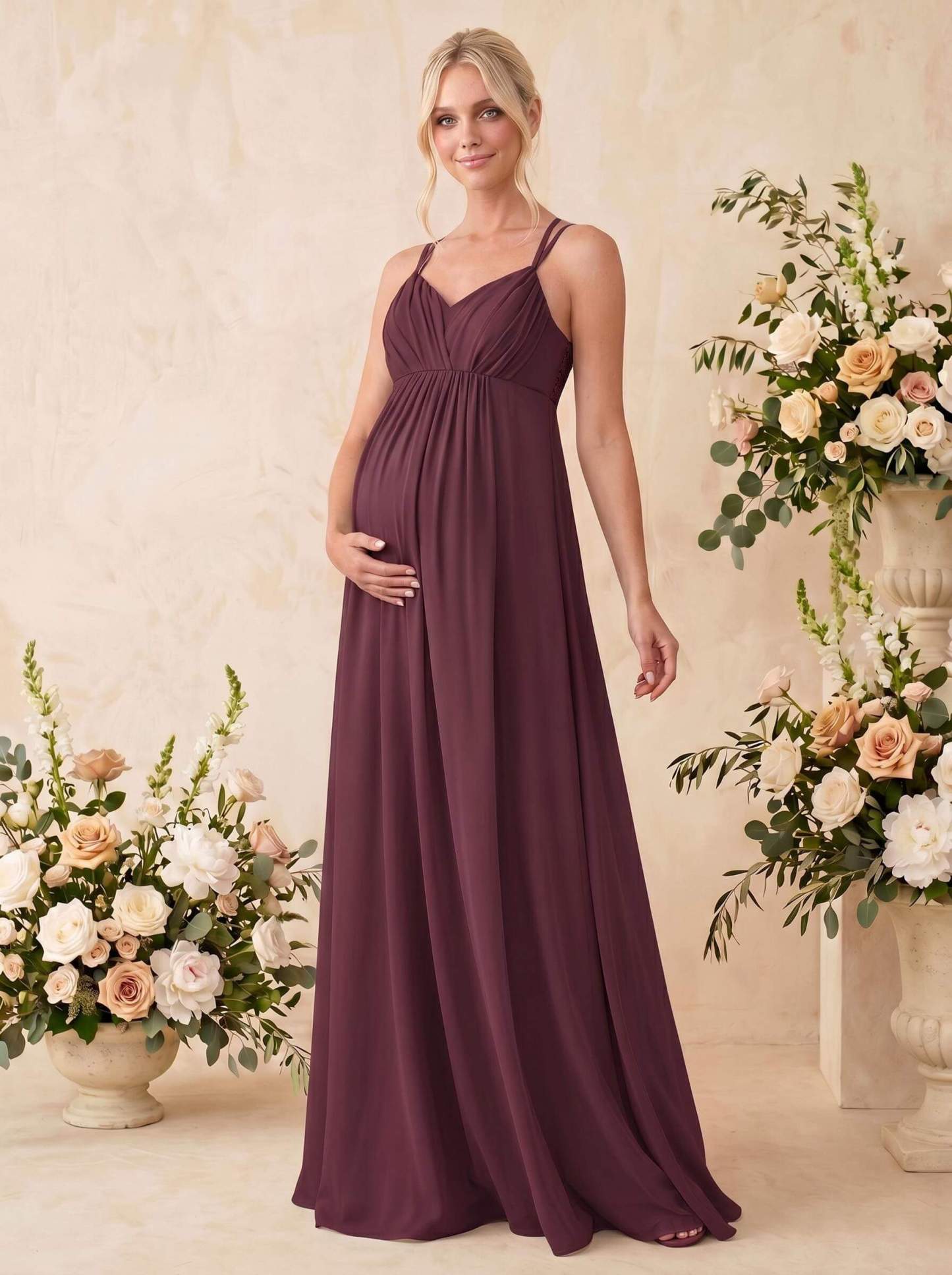 A-Line V-Neck Sleeveless Floor-Length Chiffon Maternity Bridesmaid Dresses With Appliques Lace, image 13