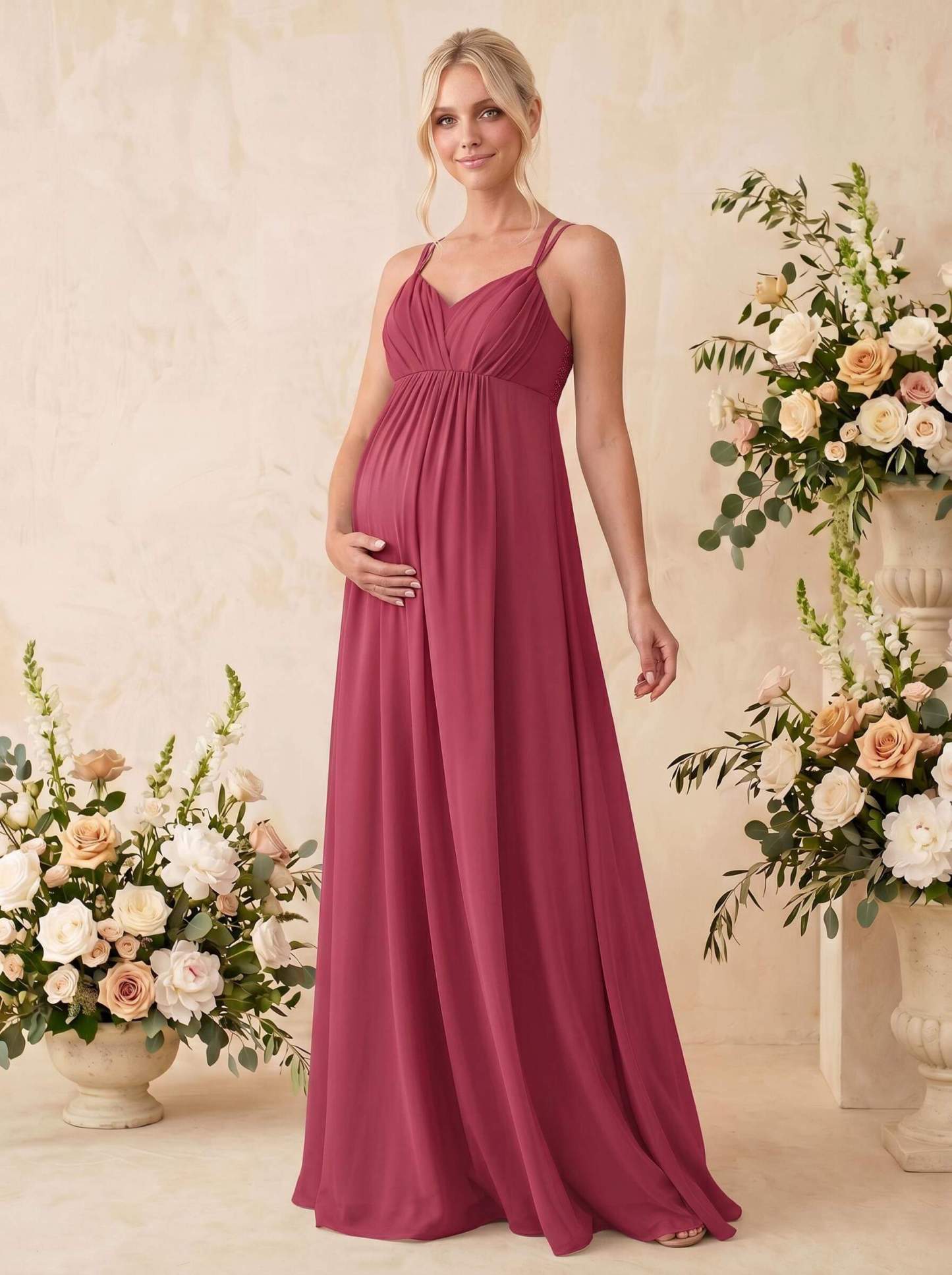 A-Line V-Neck Sleeveless Floor-Length Chiffon Maternity Bridesmaid Dresses With Appliques Lace, image 15