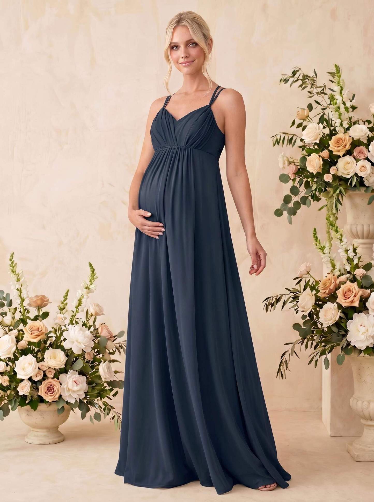 A-Line V-Neck Sleeveless Floor-Length Chiffon Maternity Bridesmaid Dresses With Appliques Lace, image 4