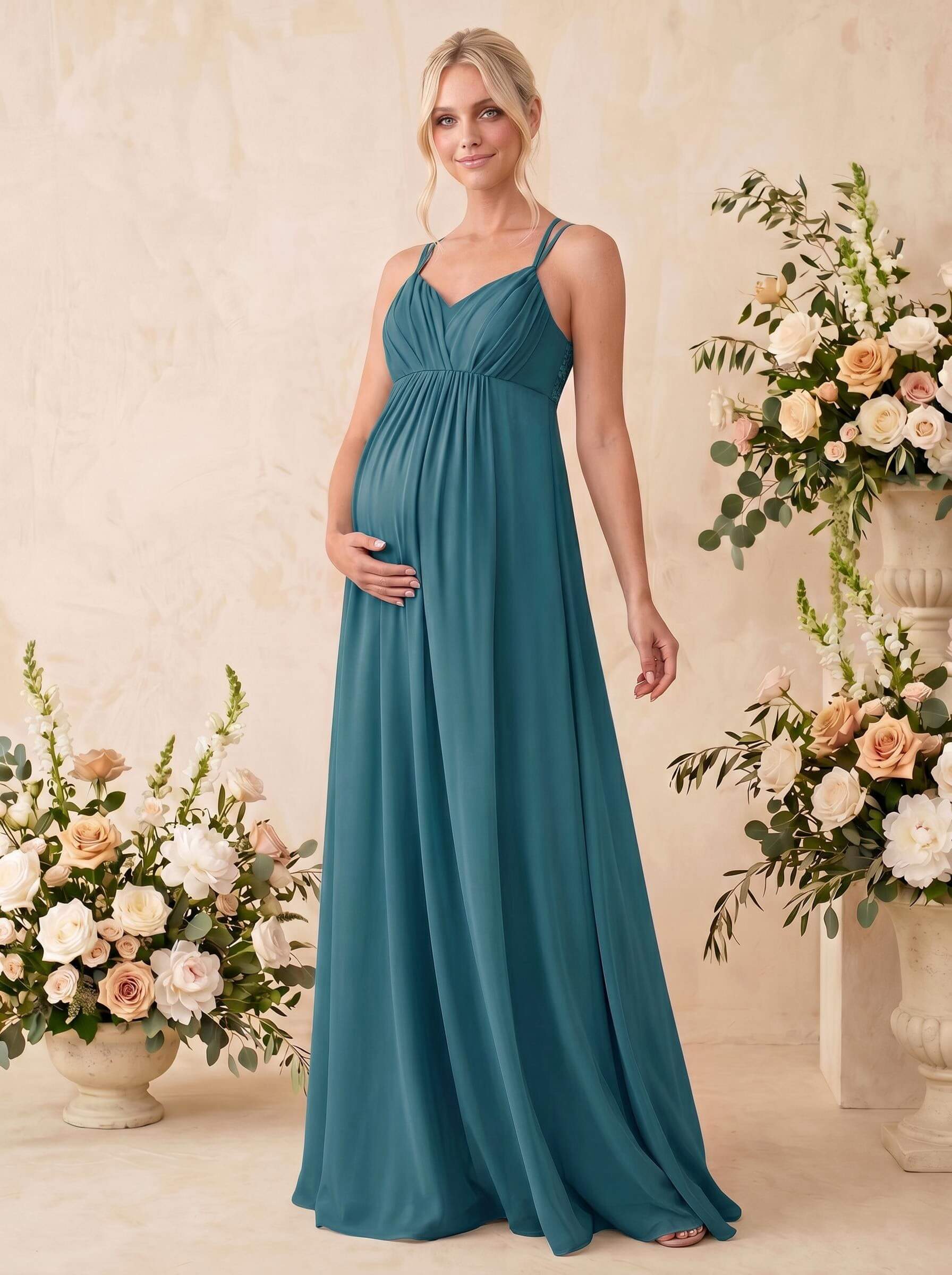 A-Line V-Neck Sleeveless Floor-Length Chiffon Maternity Bridesmaid Dresses With Appliques Lace, image 8