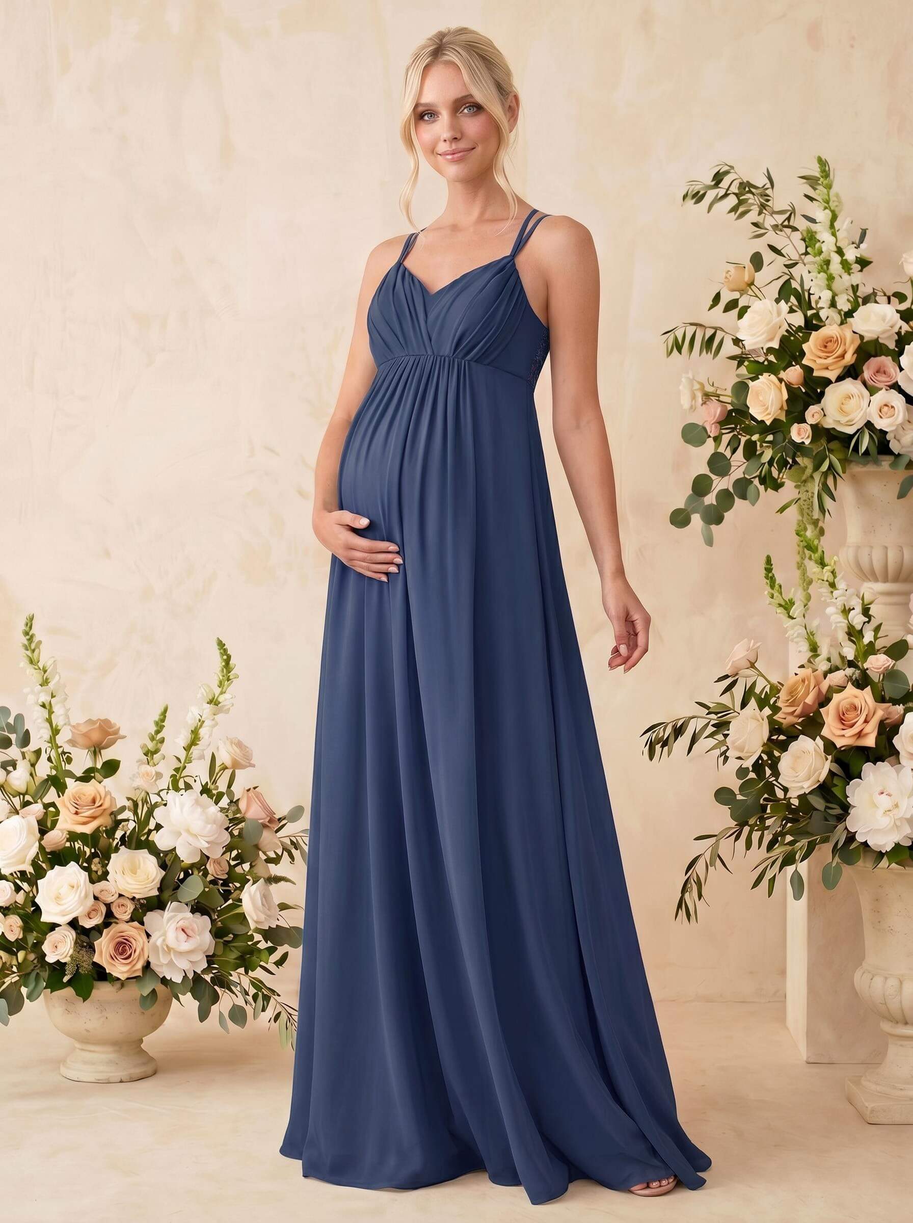 A-Line V-Neck Sleeveless Floor-Length Chiffon Maternity Bridesmaid Dresses With Appliques Lace, image 5