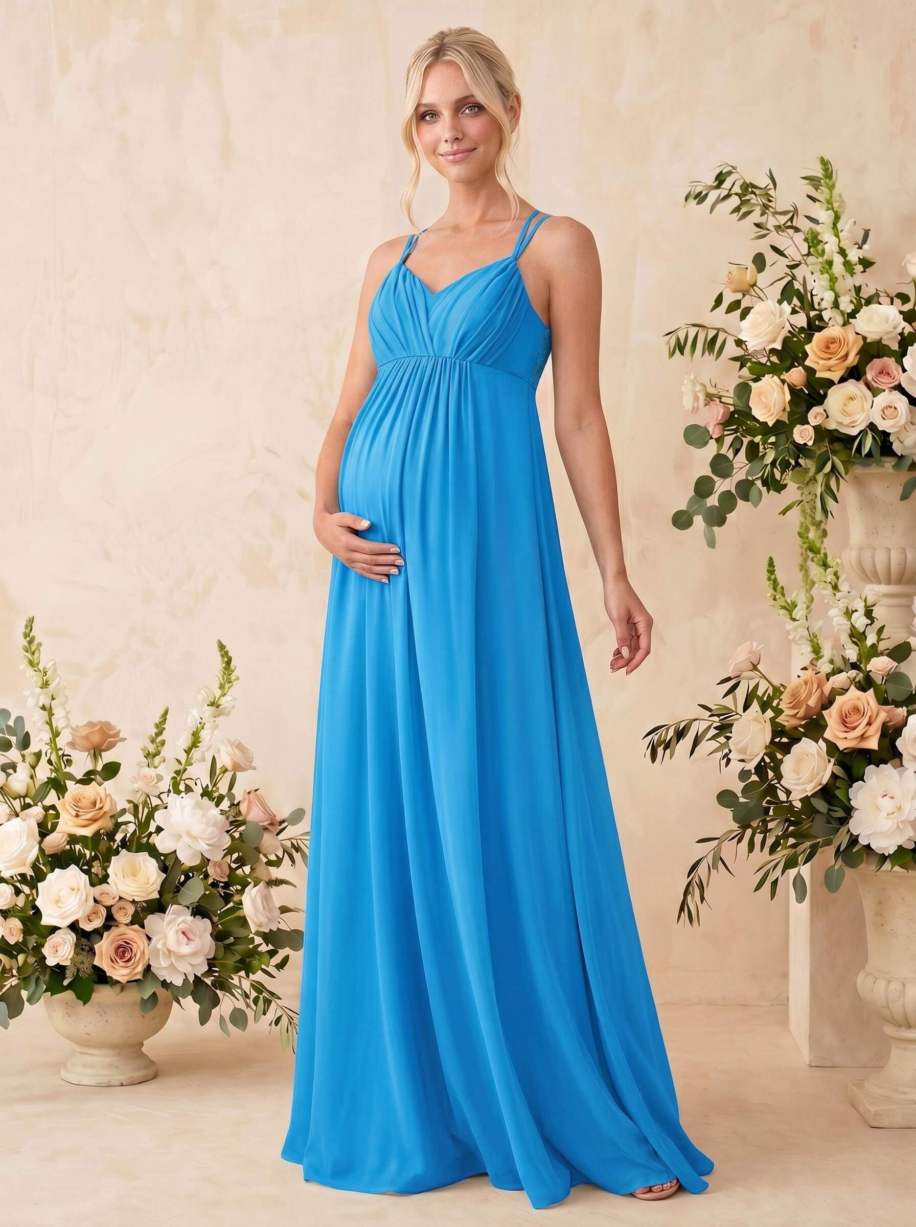A-Line V-Neck Sleeveless Floor-Length Chiffon Maternity Bridesmaid Dresses With Appliques Lace, image 10
