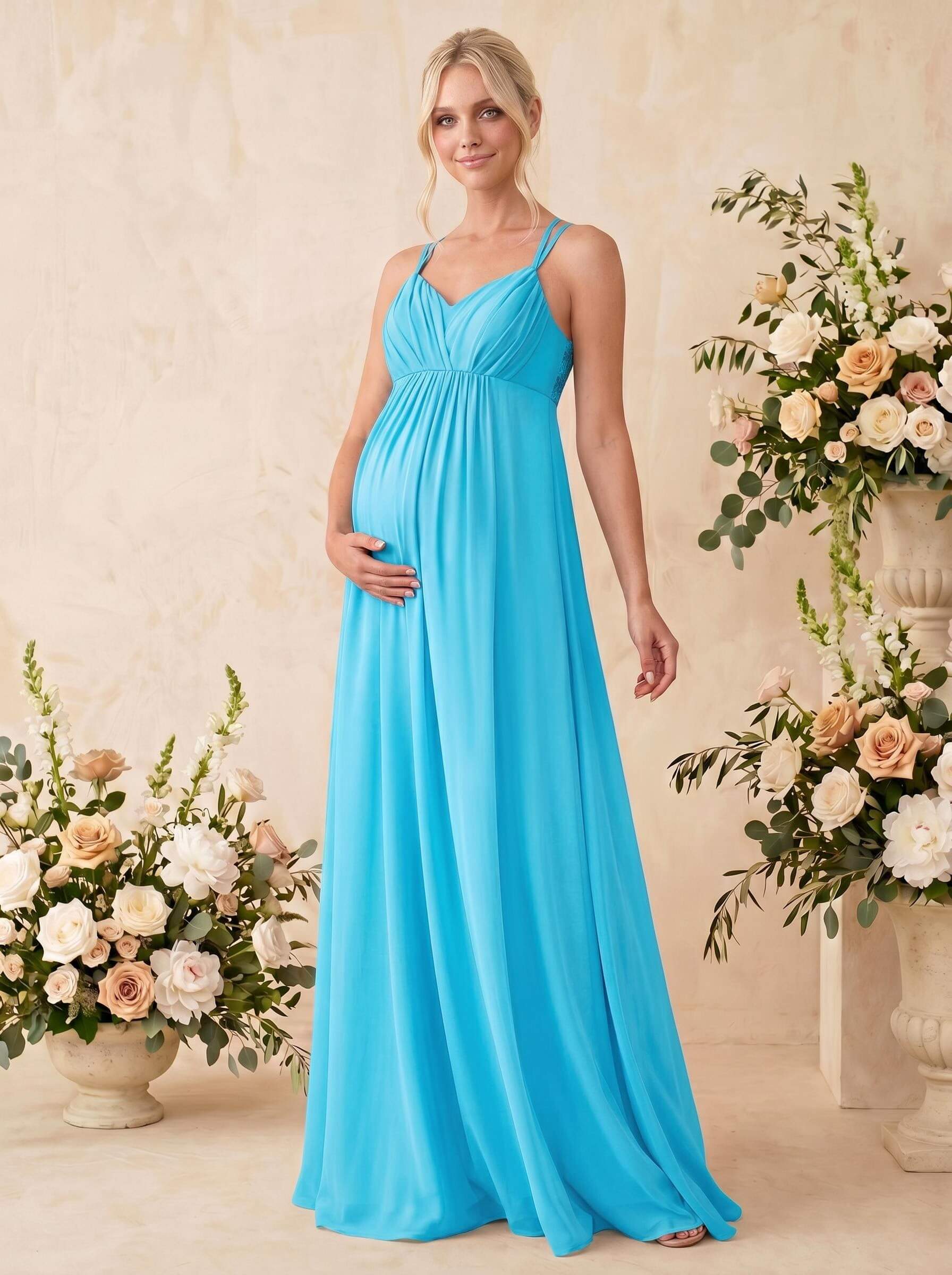 A-Line V-Neck Sleeveless Floor-Length Chiffon Maternity Bridesmaid Dresses With Appliques Lace, image 11