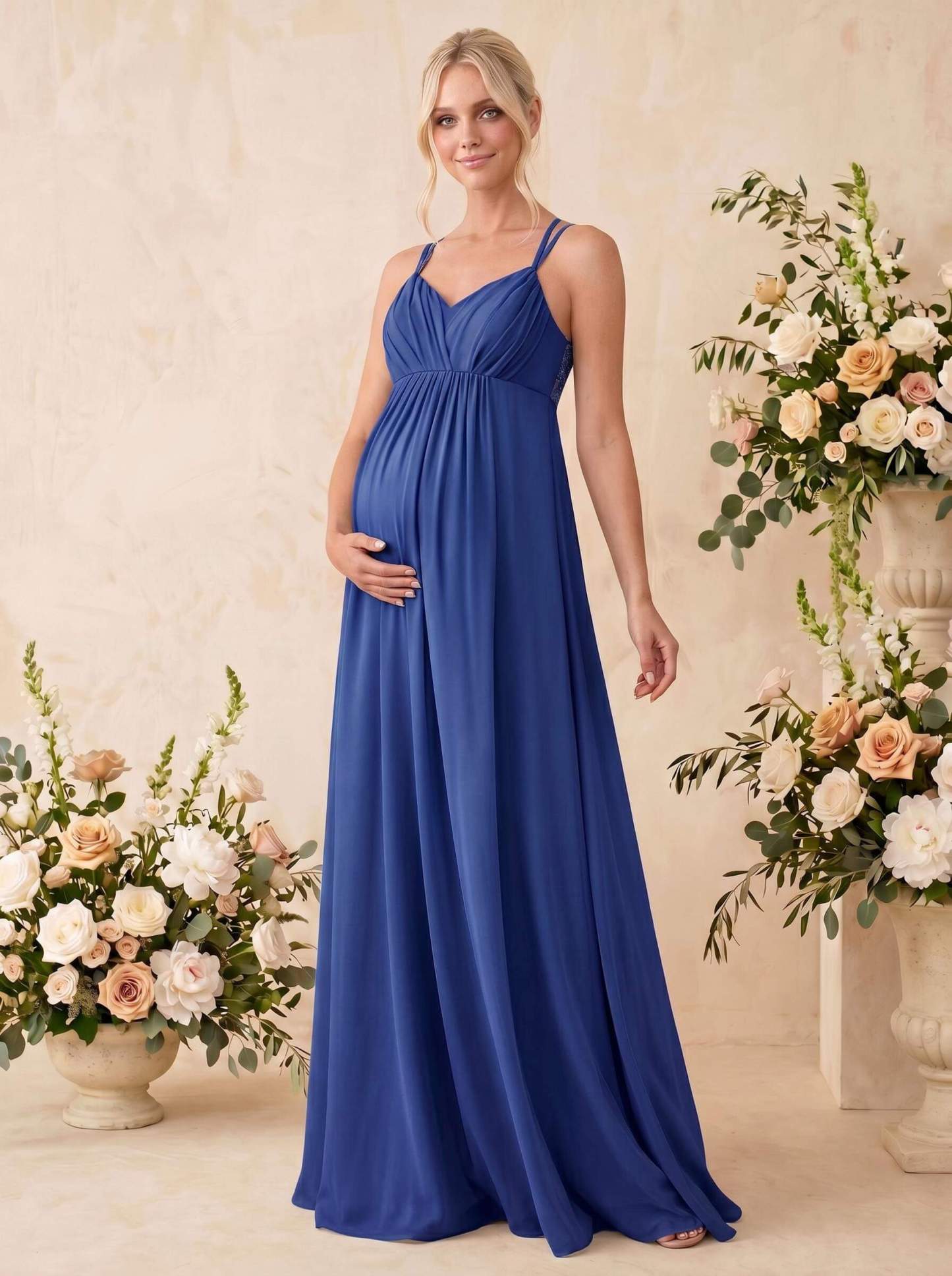 A-Line V-Neck Sleeveless Floor-Length Chiffon Maternity Bridesmaid Dresses With Appliques Lace, image 9
