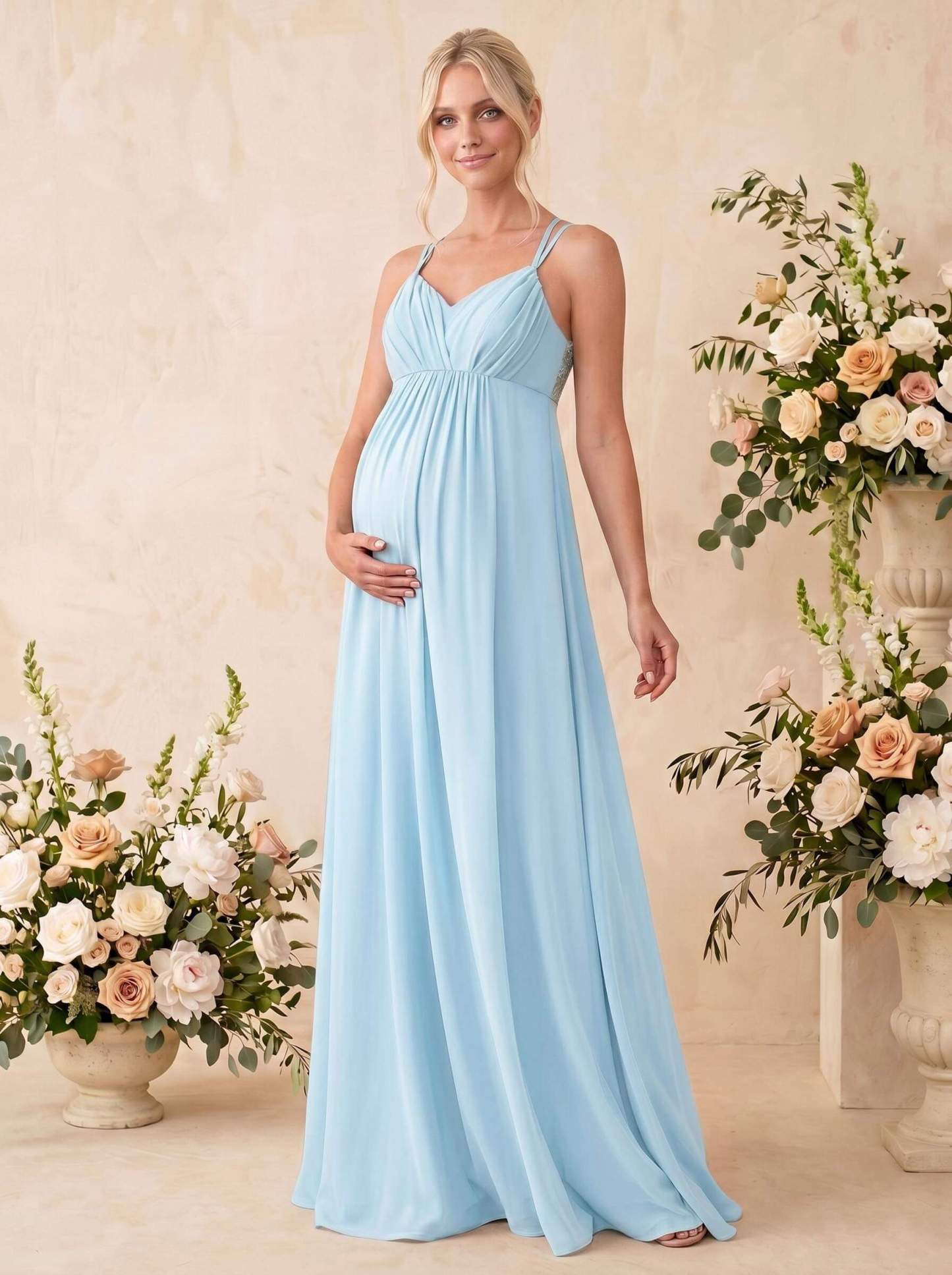 A-Line V-Neck Sleeveless Floor-Length Chiffon Maternity Bridesmaid Dresses With Appliques Lace, image 12