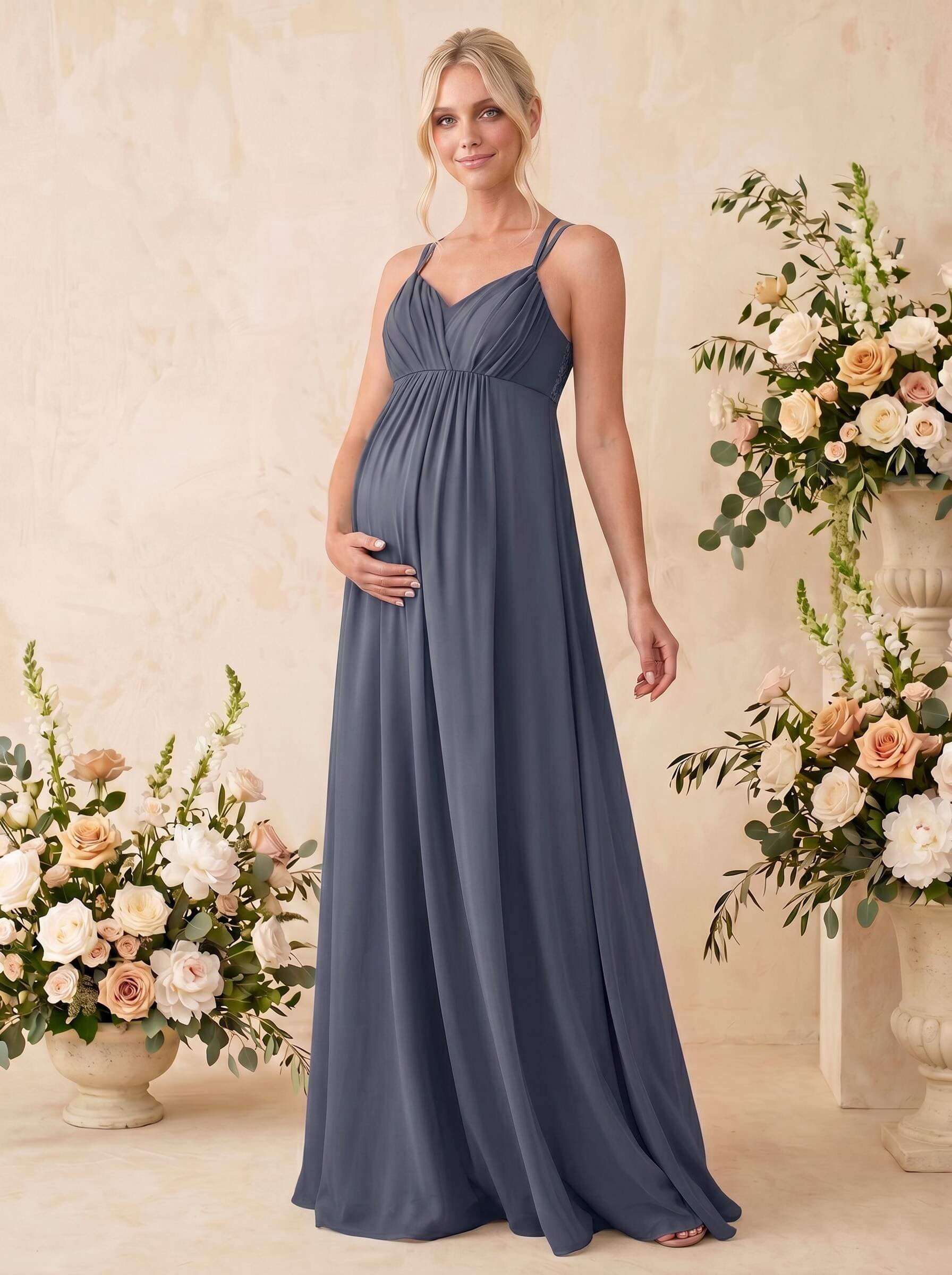 A-Line V-Neck Sleeveless Floor-Length Chiffon Maternity Bridesmaid Dresses With Appliques Lace, image 7