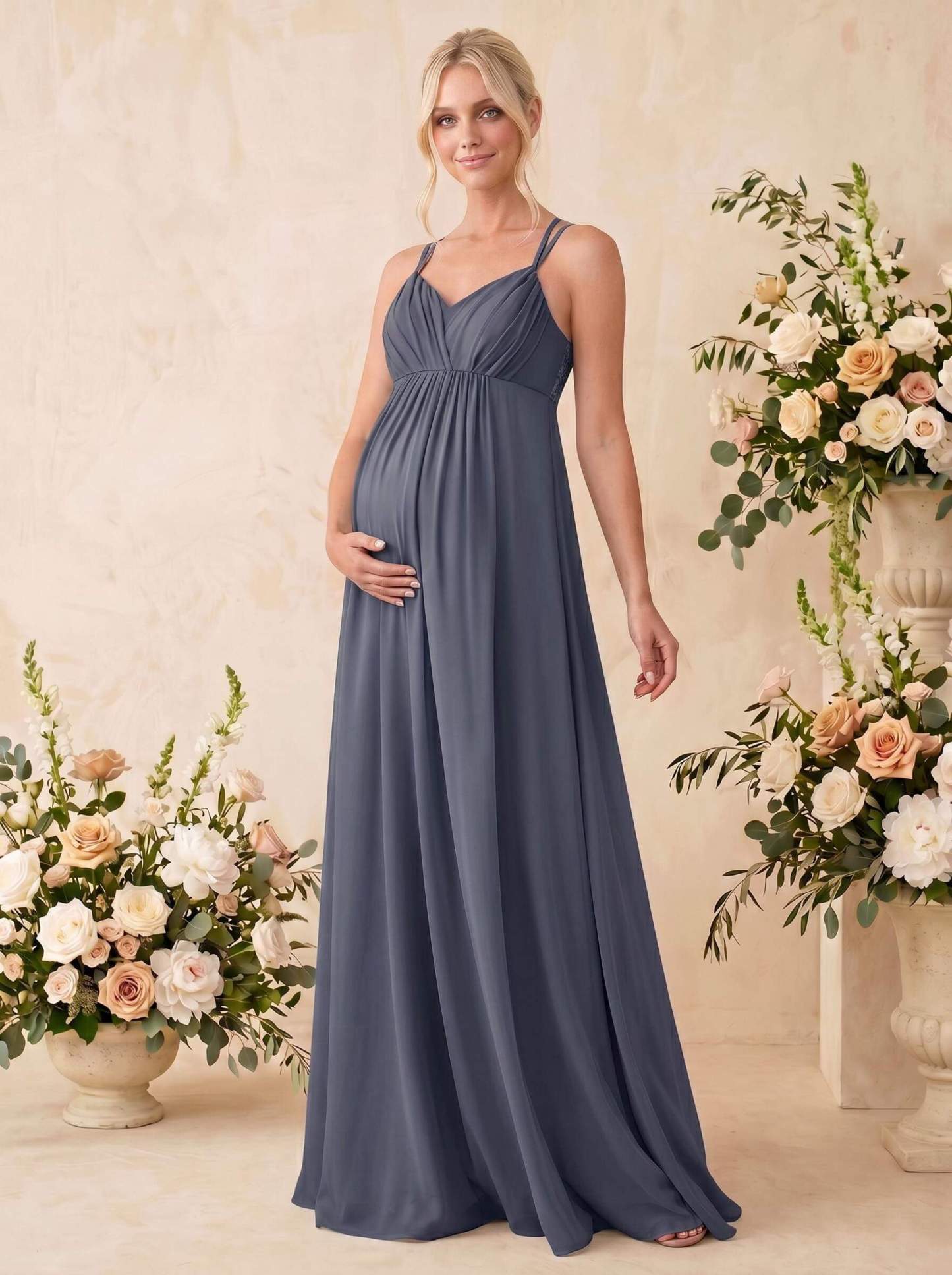 A-Line V-Neck Sleeveless Floor-Length Chiffon Maternity Bridesmaid Dresses With Appliques Lace, image 7