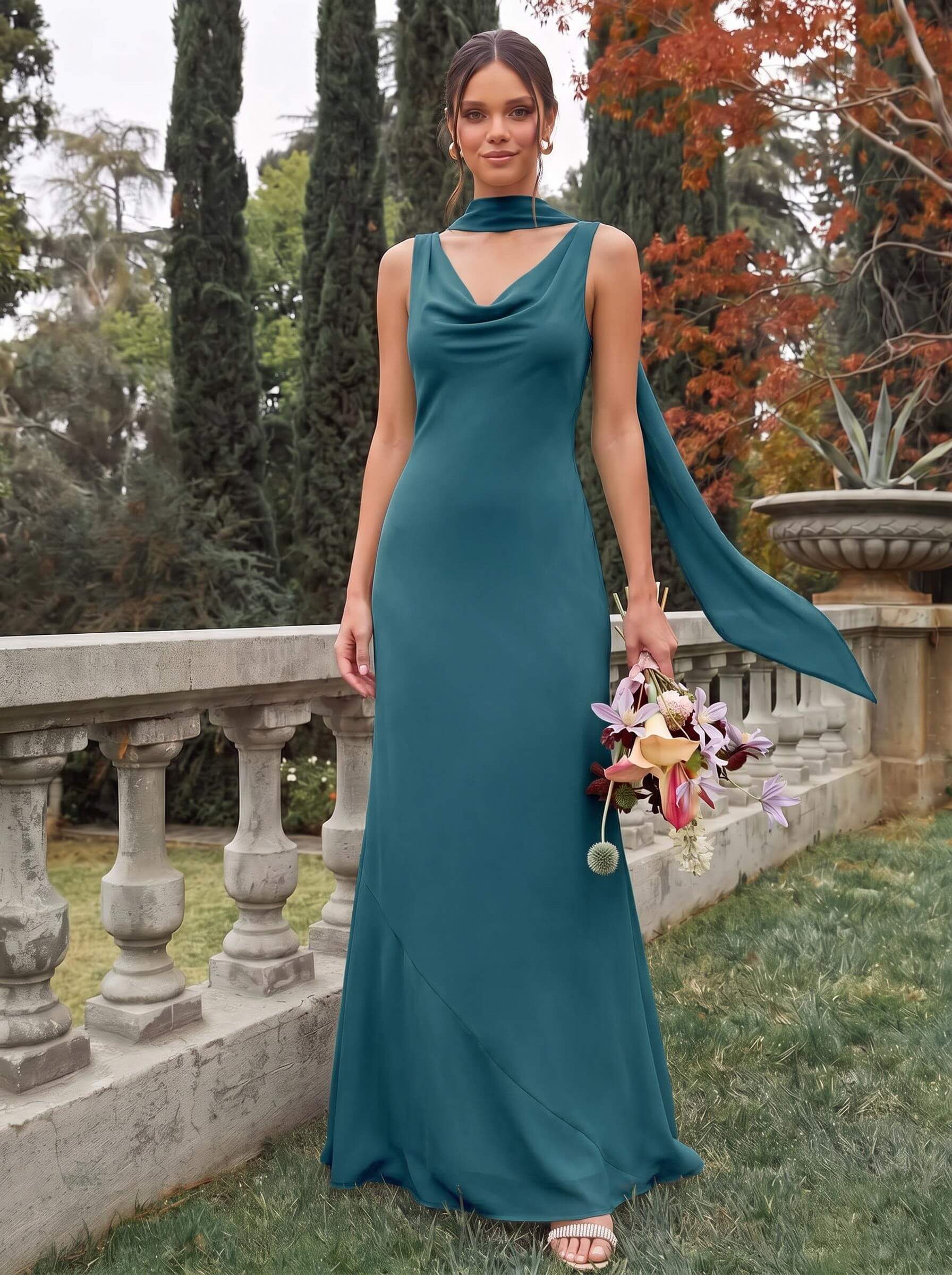 Sheath/Column Cowl Neck Sleeveless Floor-Length Chiffon Bridesmaid Dresses