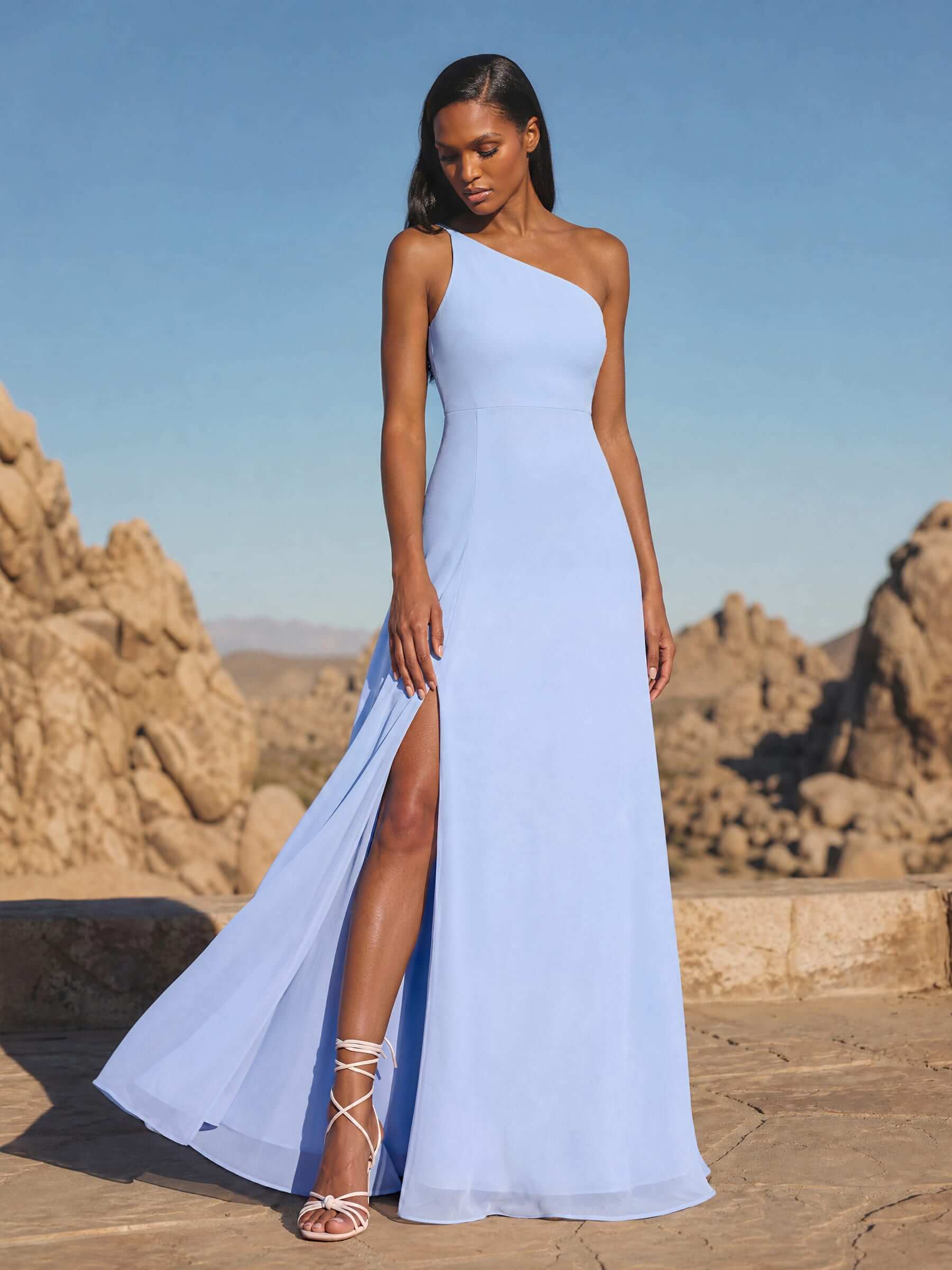 A-Line Asymmetrical Sleeveless Floor-Length Chiffon Bridesmaid Dresses With High Split
