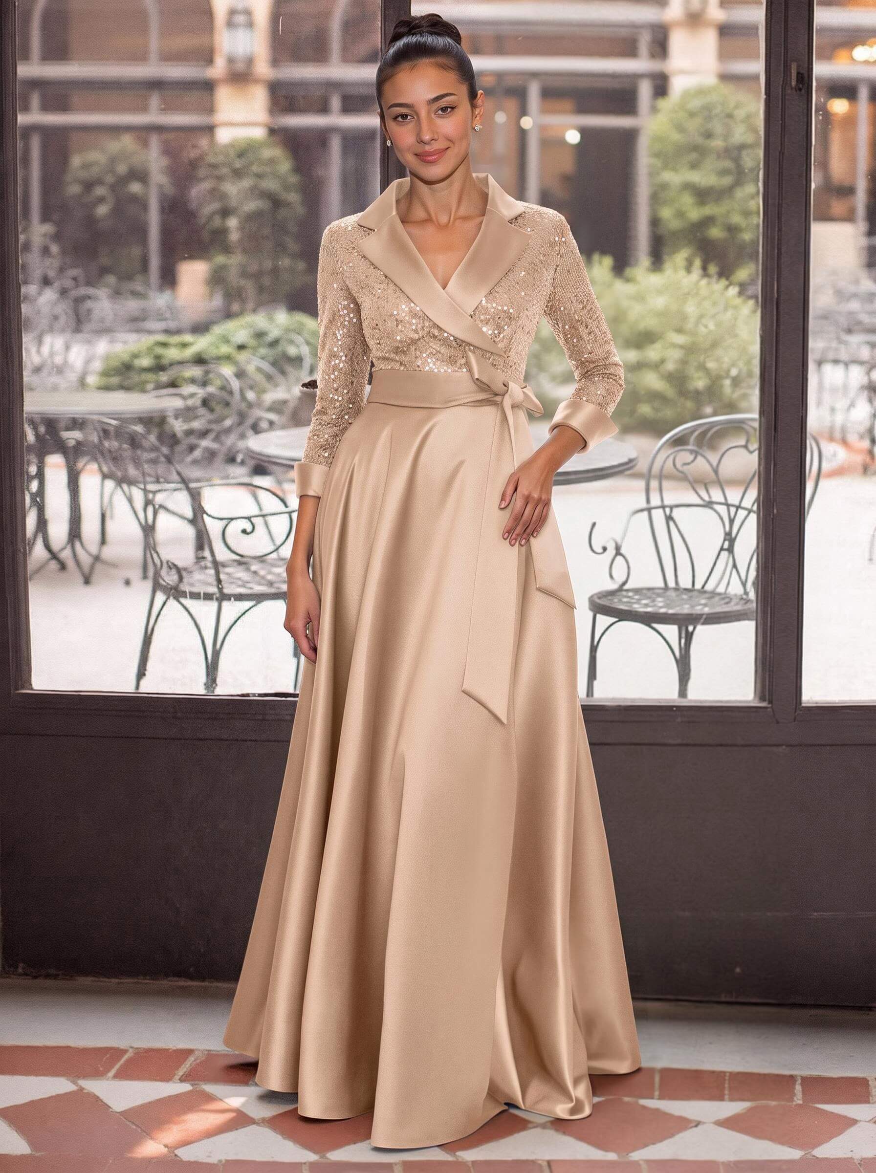 V-Neck 3/4 Sleeves A-Line Floor-Length Sequined/Matte Satin Mother Of The Bride Dresses With Bow(s)