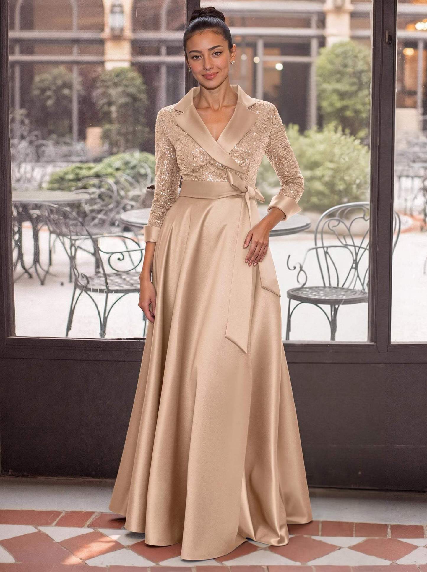 V-Neck 3/4 Sleeves A-Line Floor-Length Sequined/Matte Satin Mother Of The Bride Dresses With Bow(s)