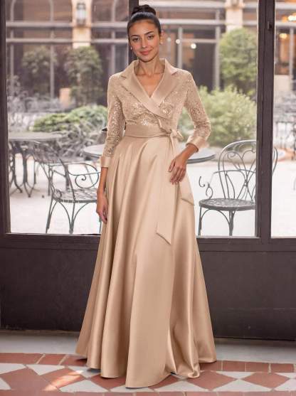 V-Neck 3/4 Sleeves A-Line Floor-Length Sequined/Matte Satin Mother Of The Bride Dresses With Bow(s)