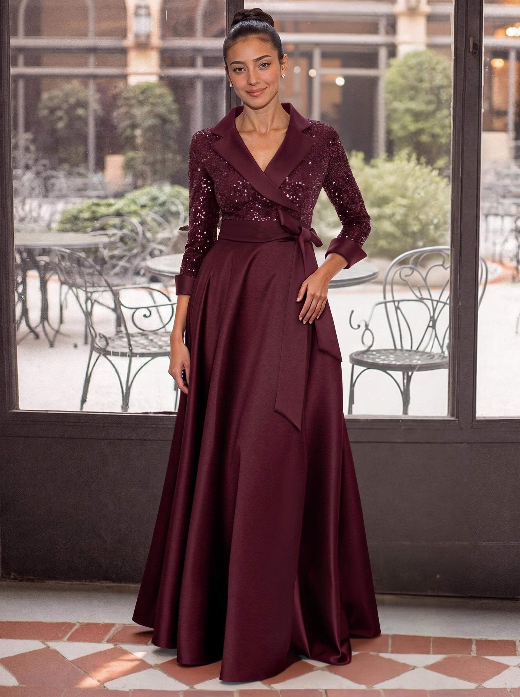 V-Neck 3/4 Sleeves A-Line Floor-Length Sequined/Matte Satin Mother Of The Bride Dresses With Bow(s)