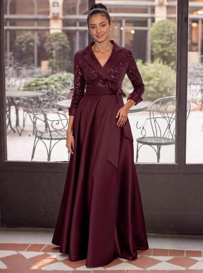 V-Neck 3/4 Sleeves A-Line Floor-Length Sequined/Matte Satin Mother Of The Bride Dresses With Bow(s)